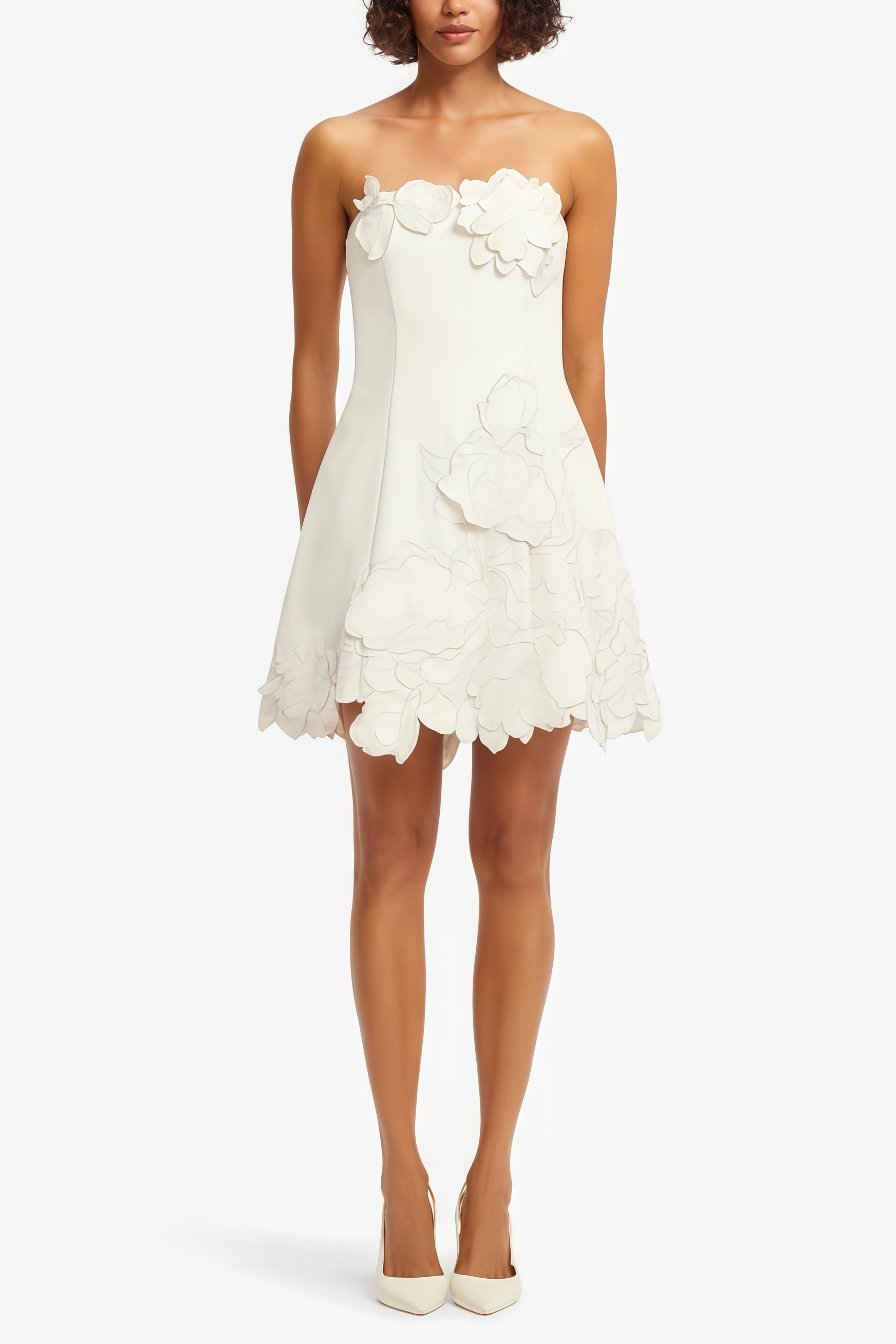 White strapless mini dress with 3D floral appliqués