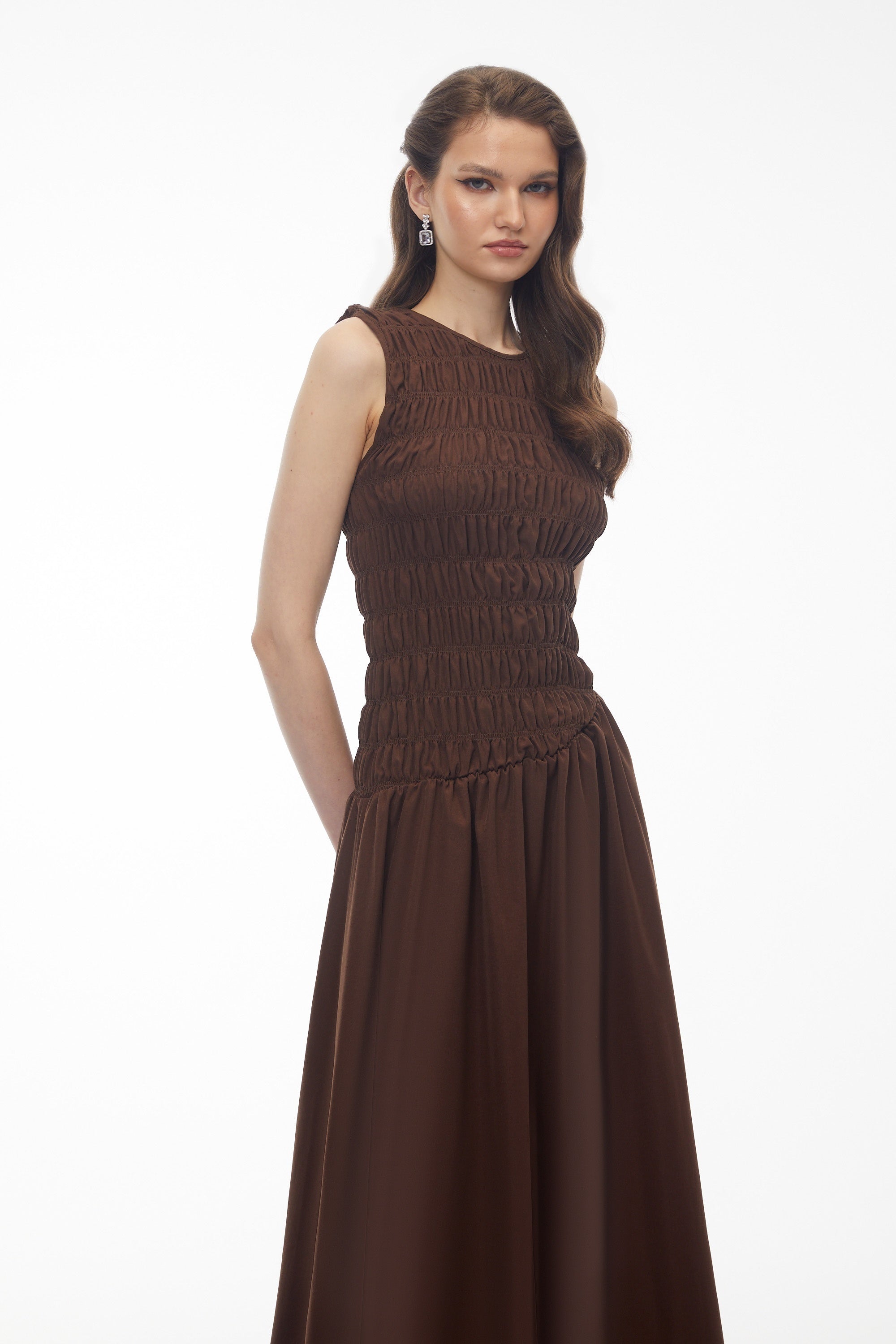 Iolanthe Chocolate Brown Asymmetrical Ruched Midi Dress (Final Sale)