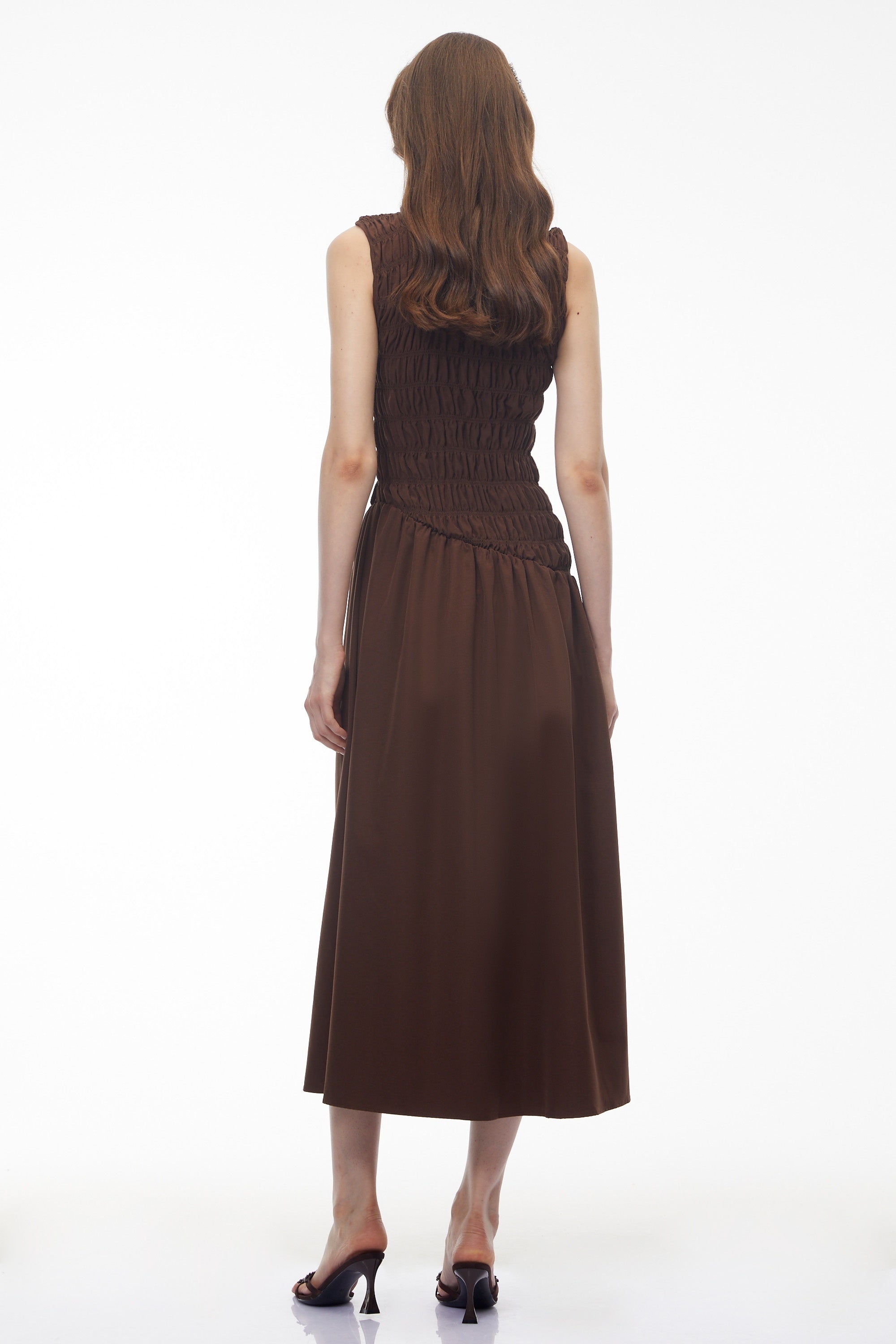 Iolanthe Chocolate Brown Asymmetrical Ruched Midi Dress (Final Sale)