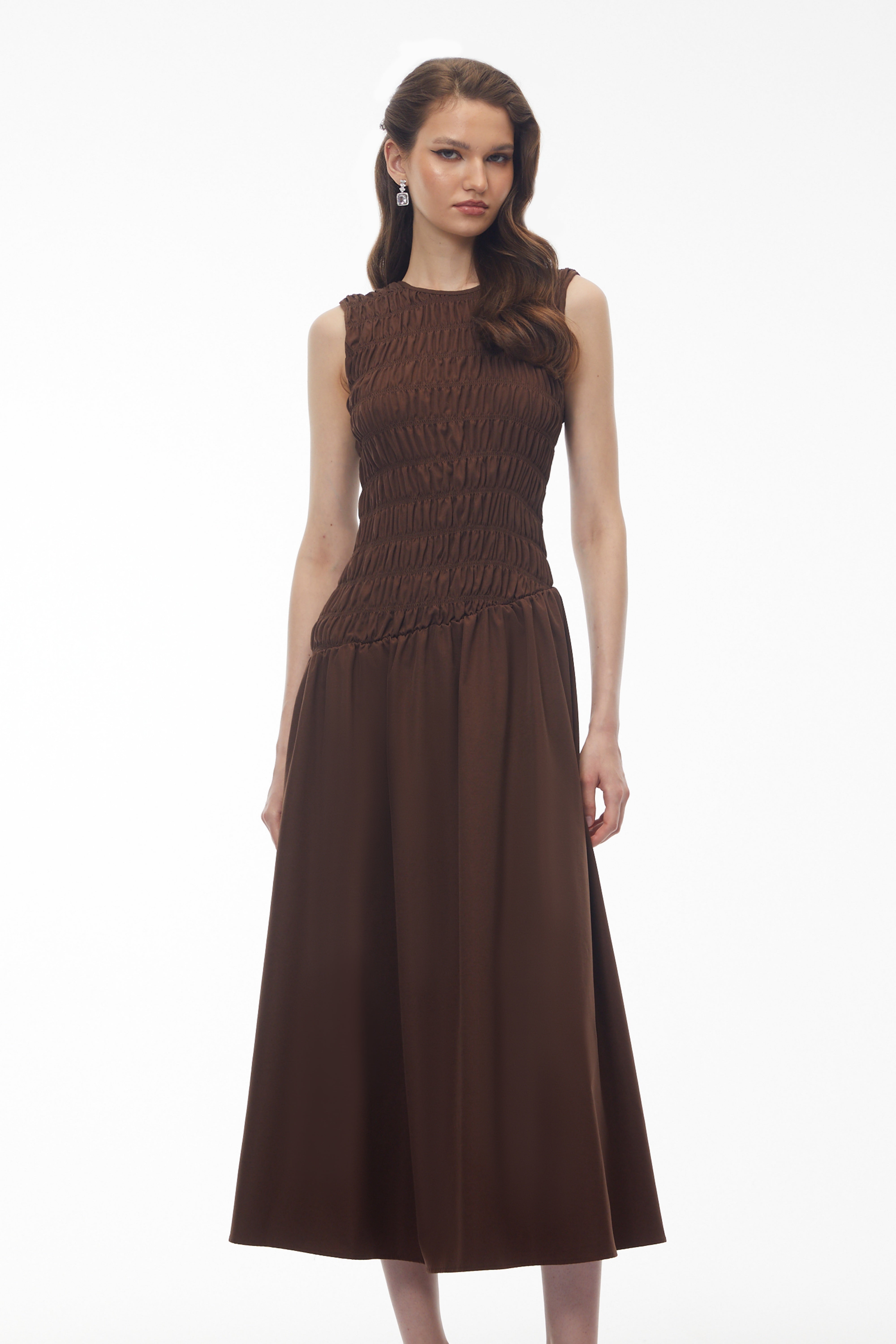 Iolanthe Chocolate Brown Asymmetrical Ruched Midi Dress (Final Sale)