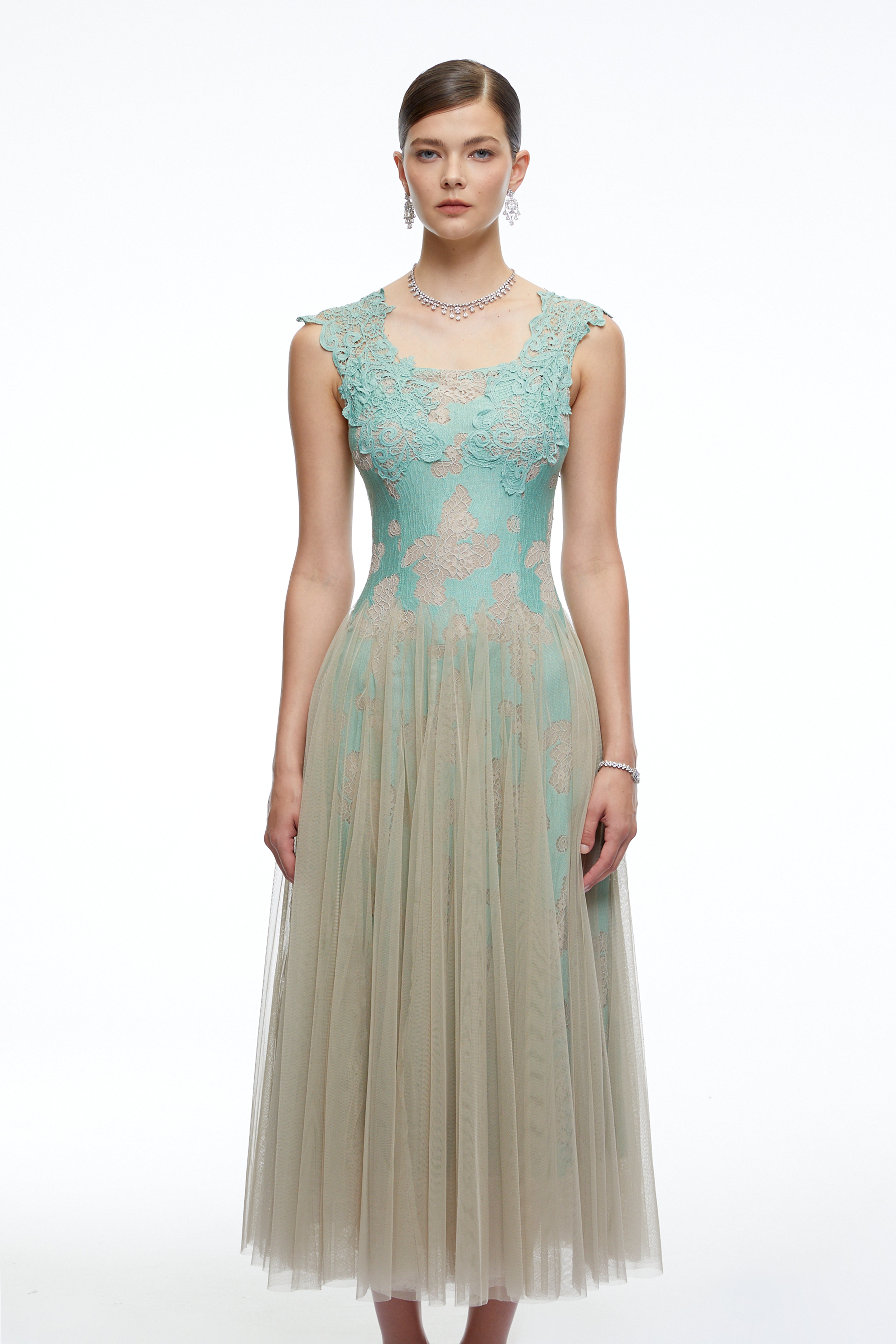 Ione Mint Green Lace Mesh Tulle Midi Dress