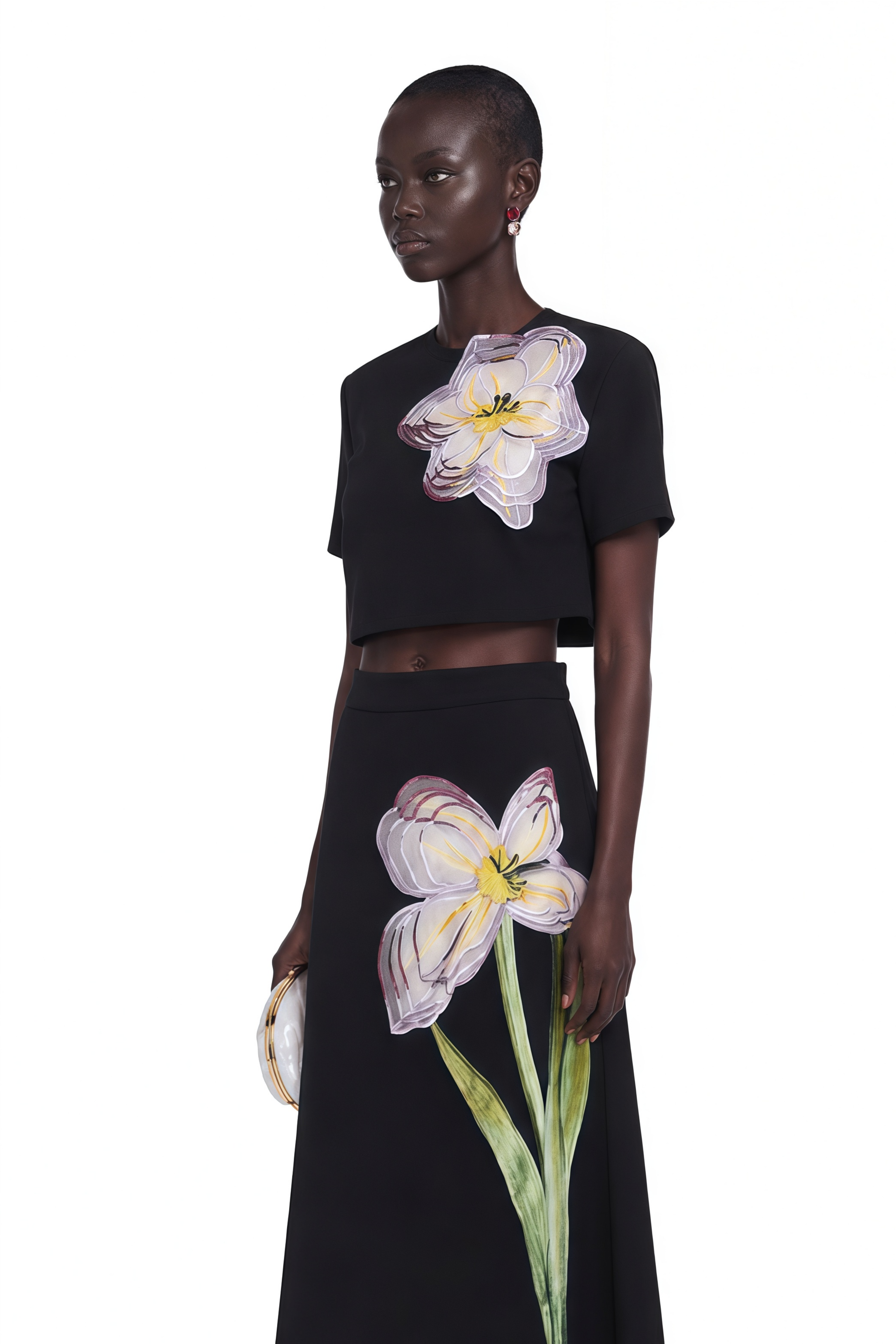 Black short-sleeve crop top and maxi skirt set with large floral embroidery