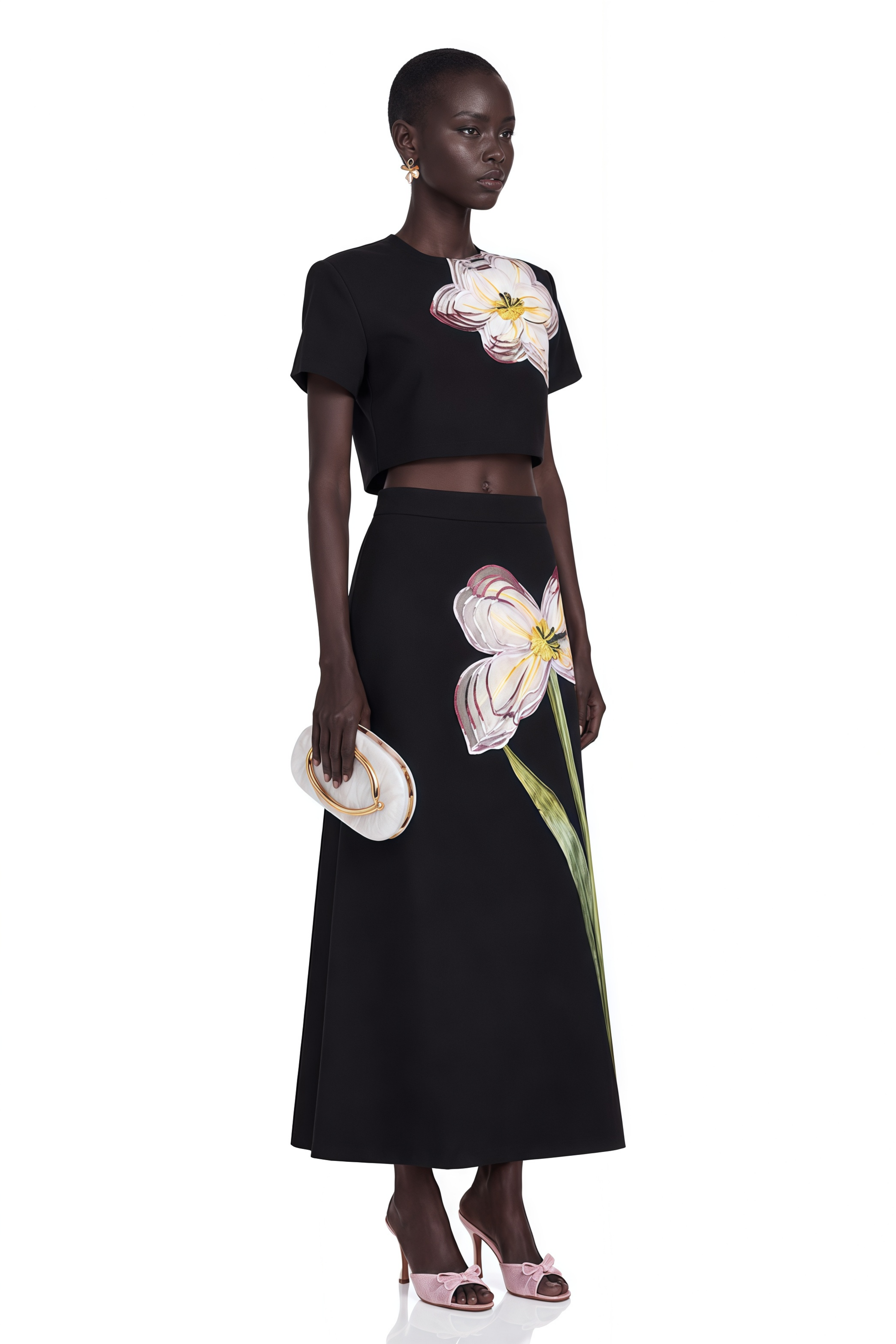 Black short-sleeve crop top and maxi skirt set with large floral embroidery