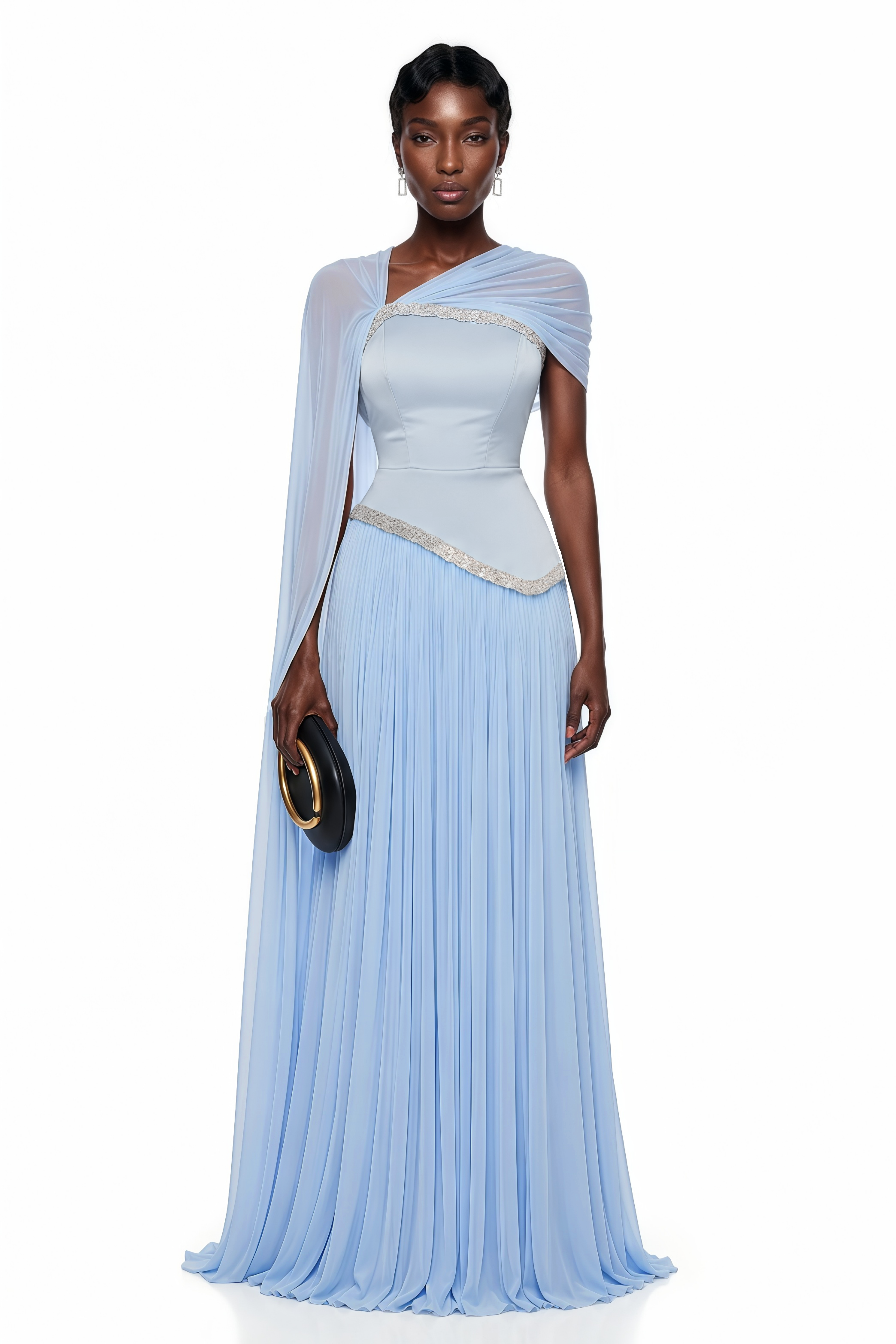 Robe longue asymétrique bleu iris ornée d'une cape