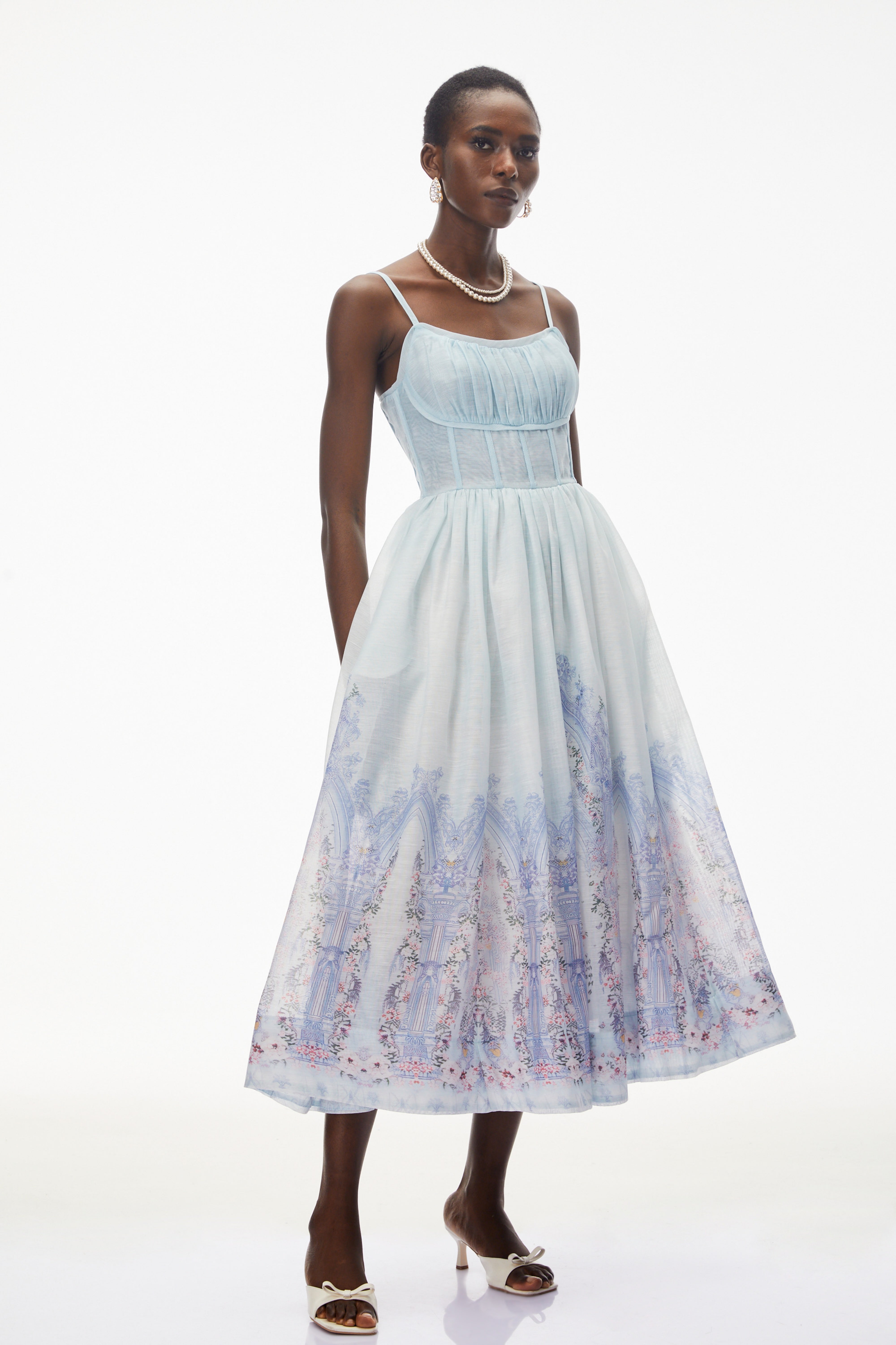 Robe mi-longue sans manches à fronces Iris Blue