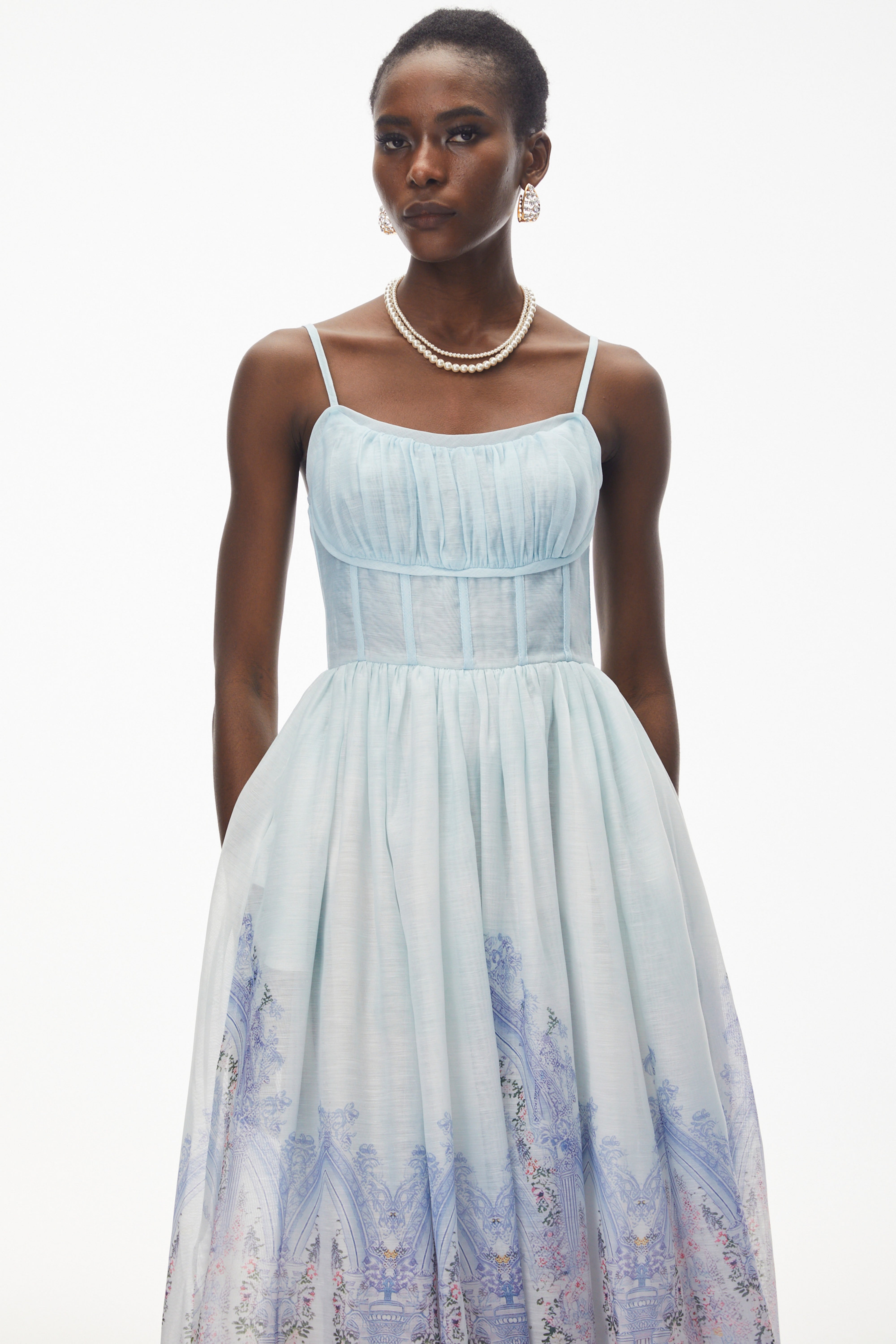 Robe mi-longue sans manches à fronces Iris Blue