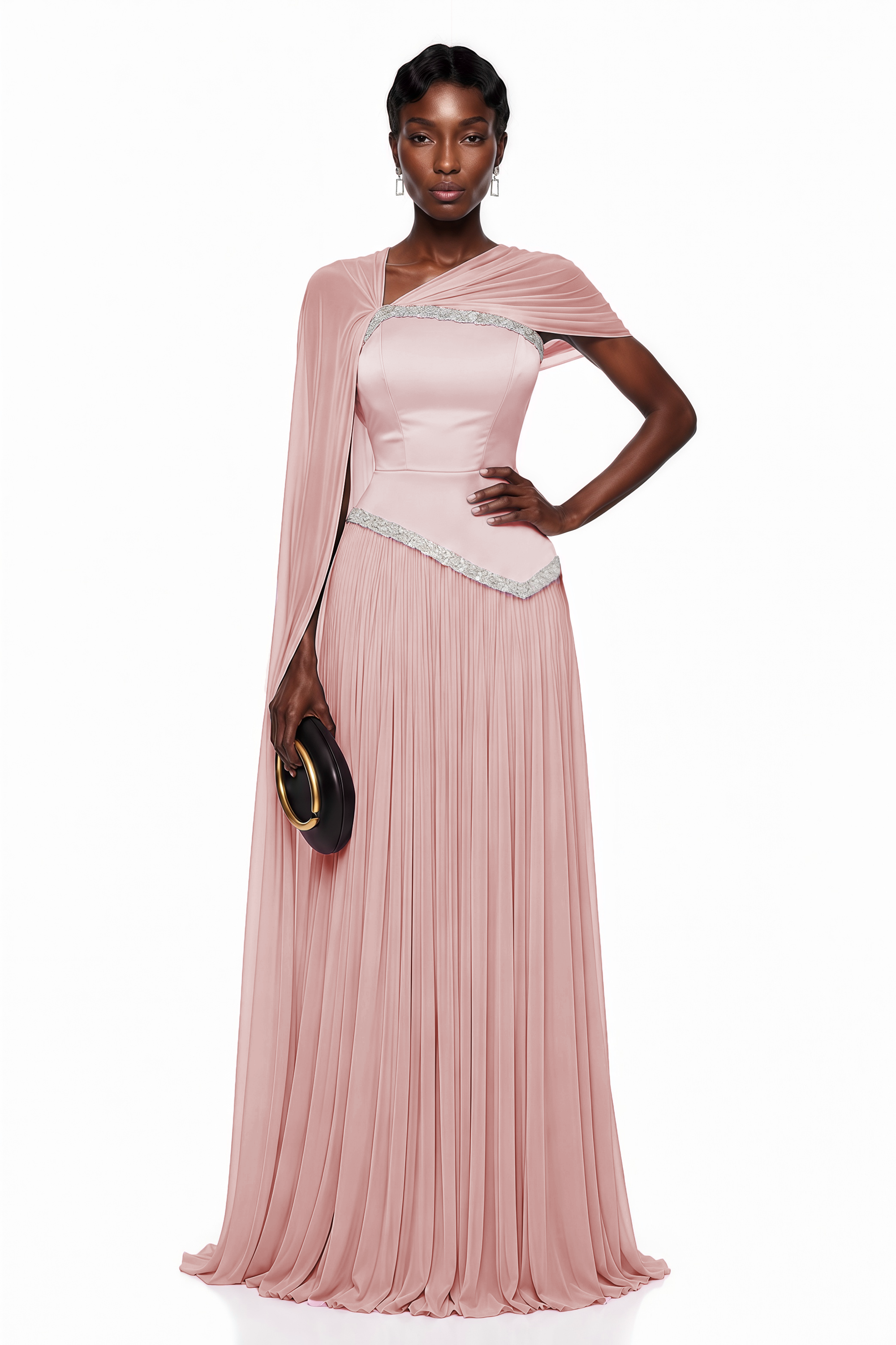 Iris Pink Embellished Asymmetrical Maxi Dress with Cape