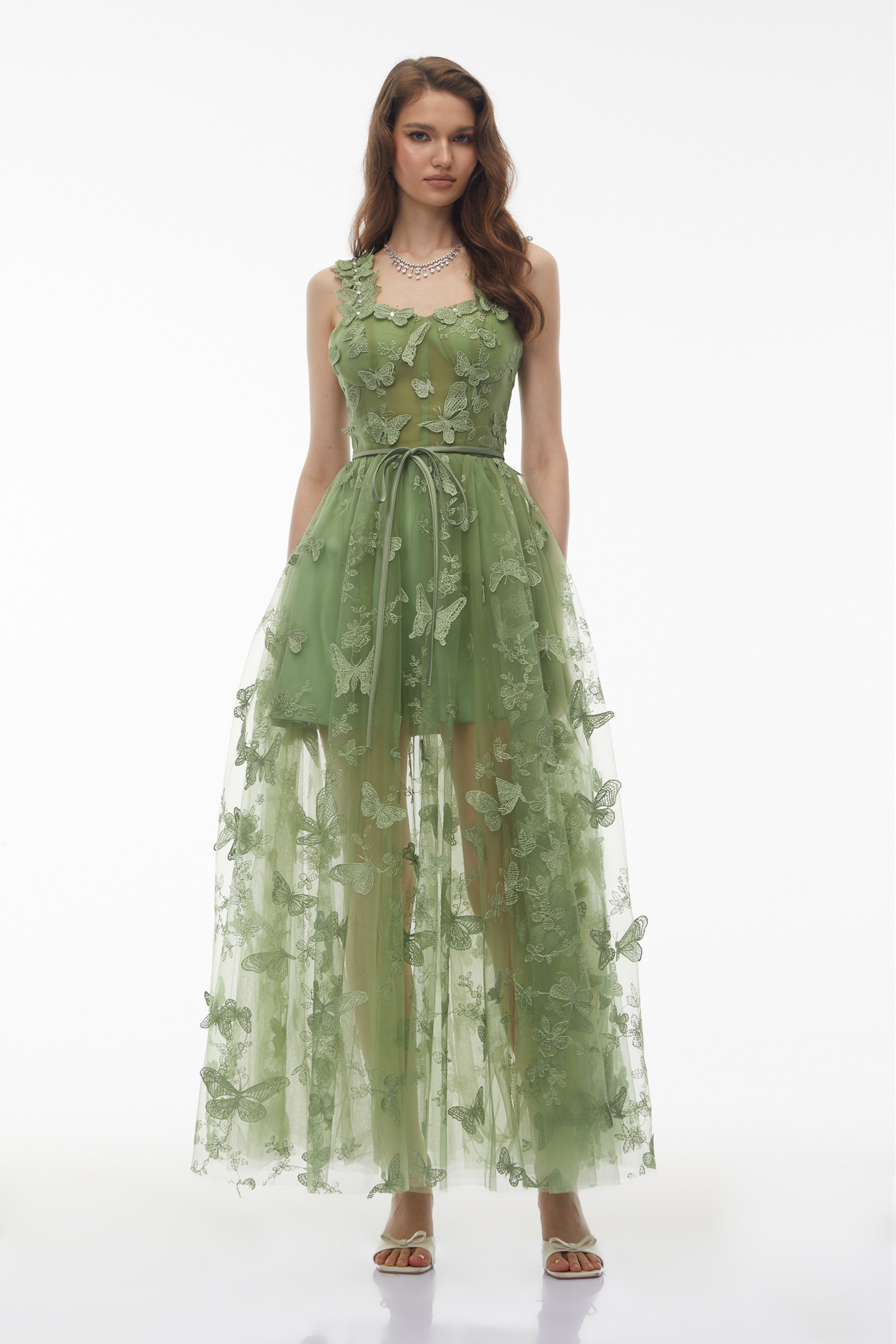 Iris Sage Green Tulle Maxi Dress with 3D Florals (Final Sale-US Only)