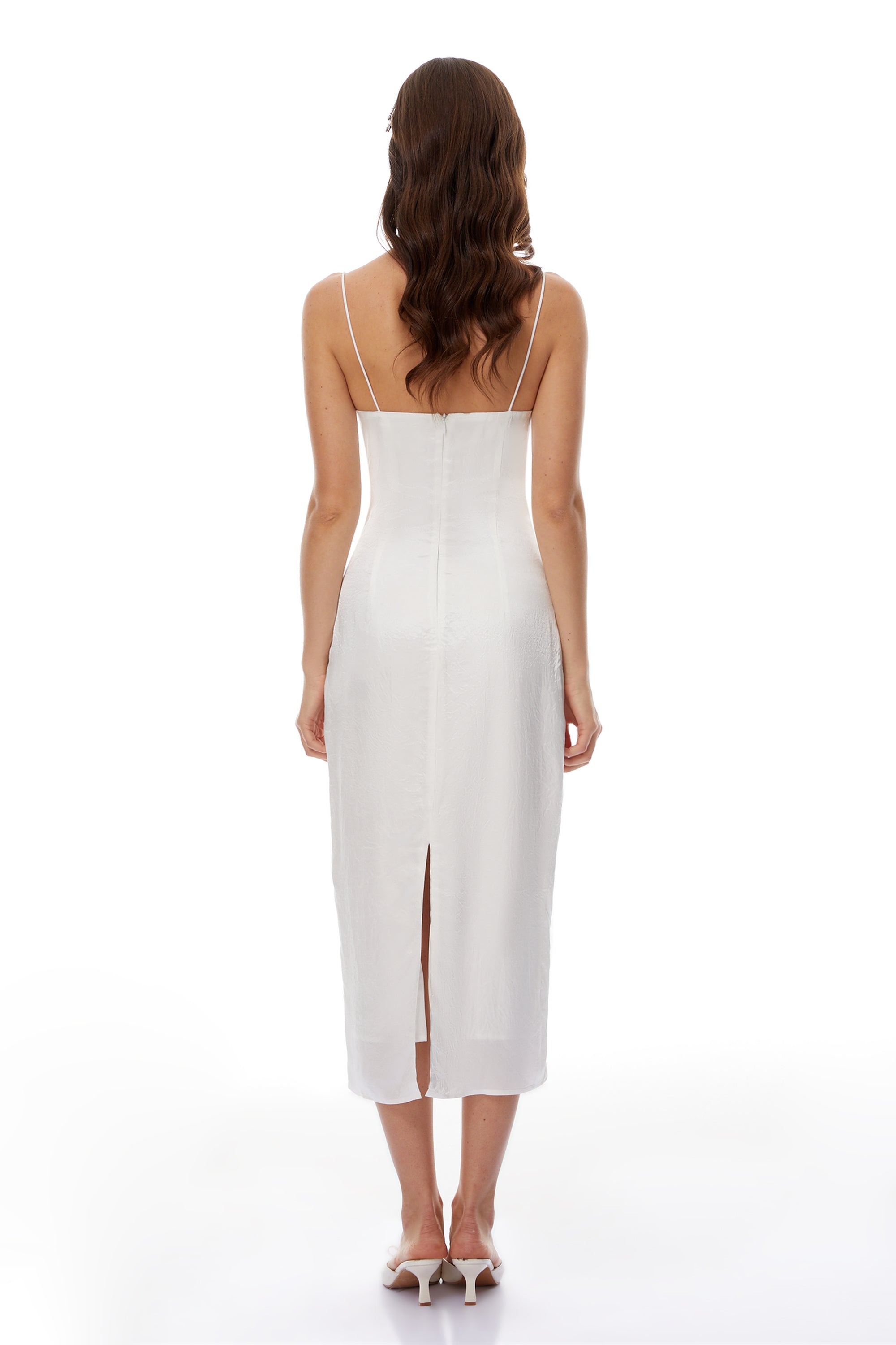 Irmgard White Shell Pleated Satin Midi Dress