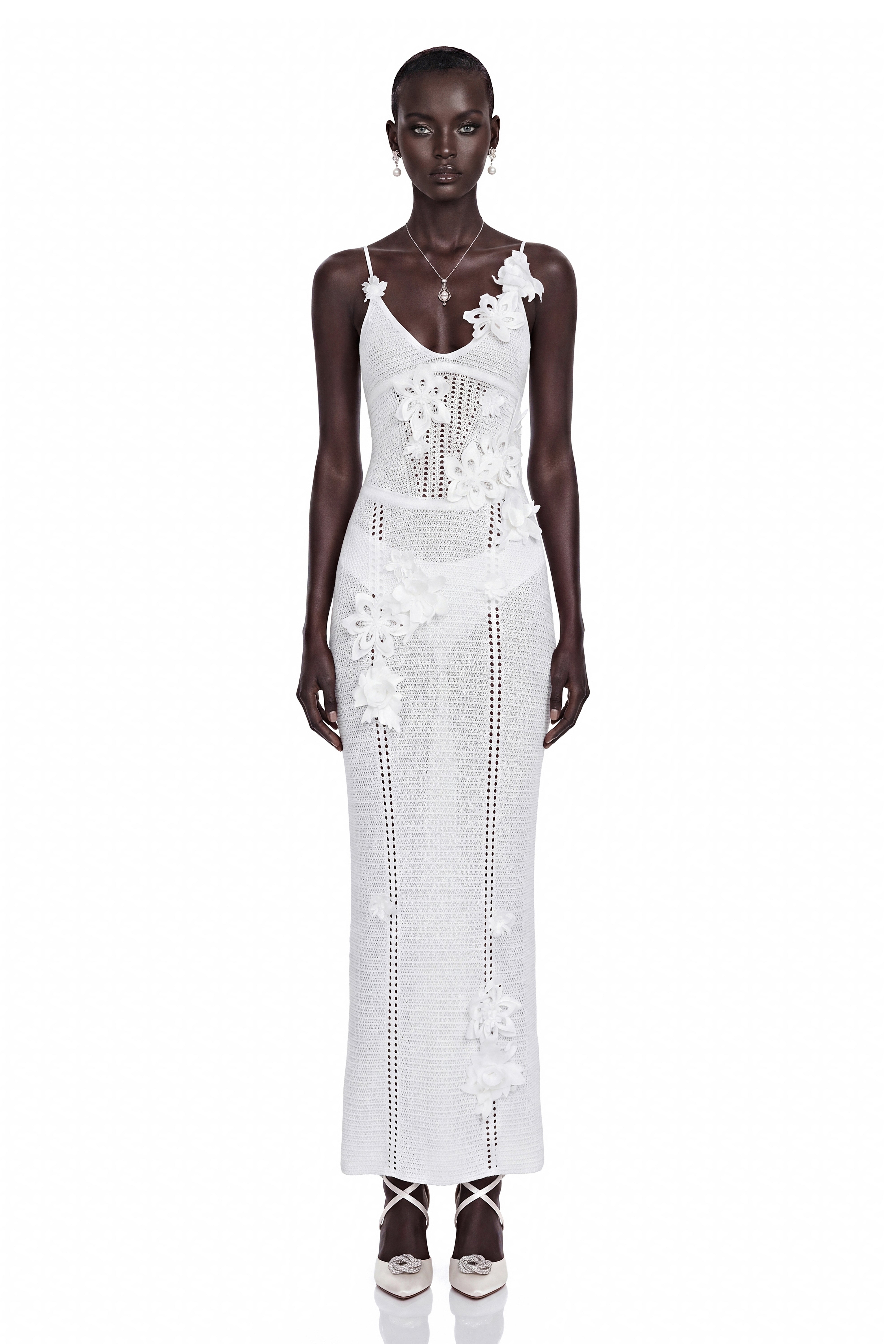 Isabelle White Knit Maxi Dress with 3D Florals