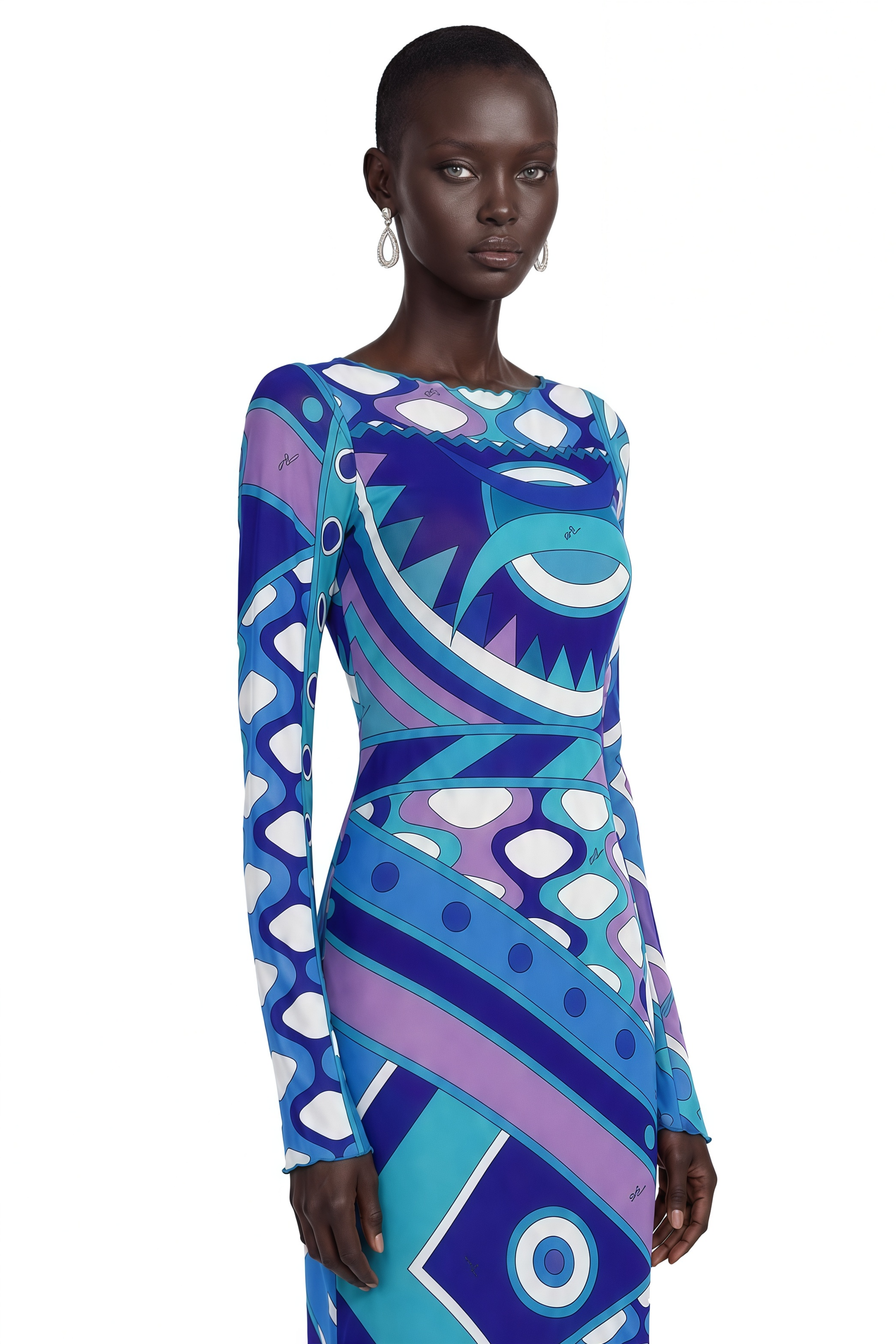 Ismeria Dark Blue Printed Long Sleeve Maxi Dress