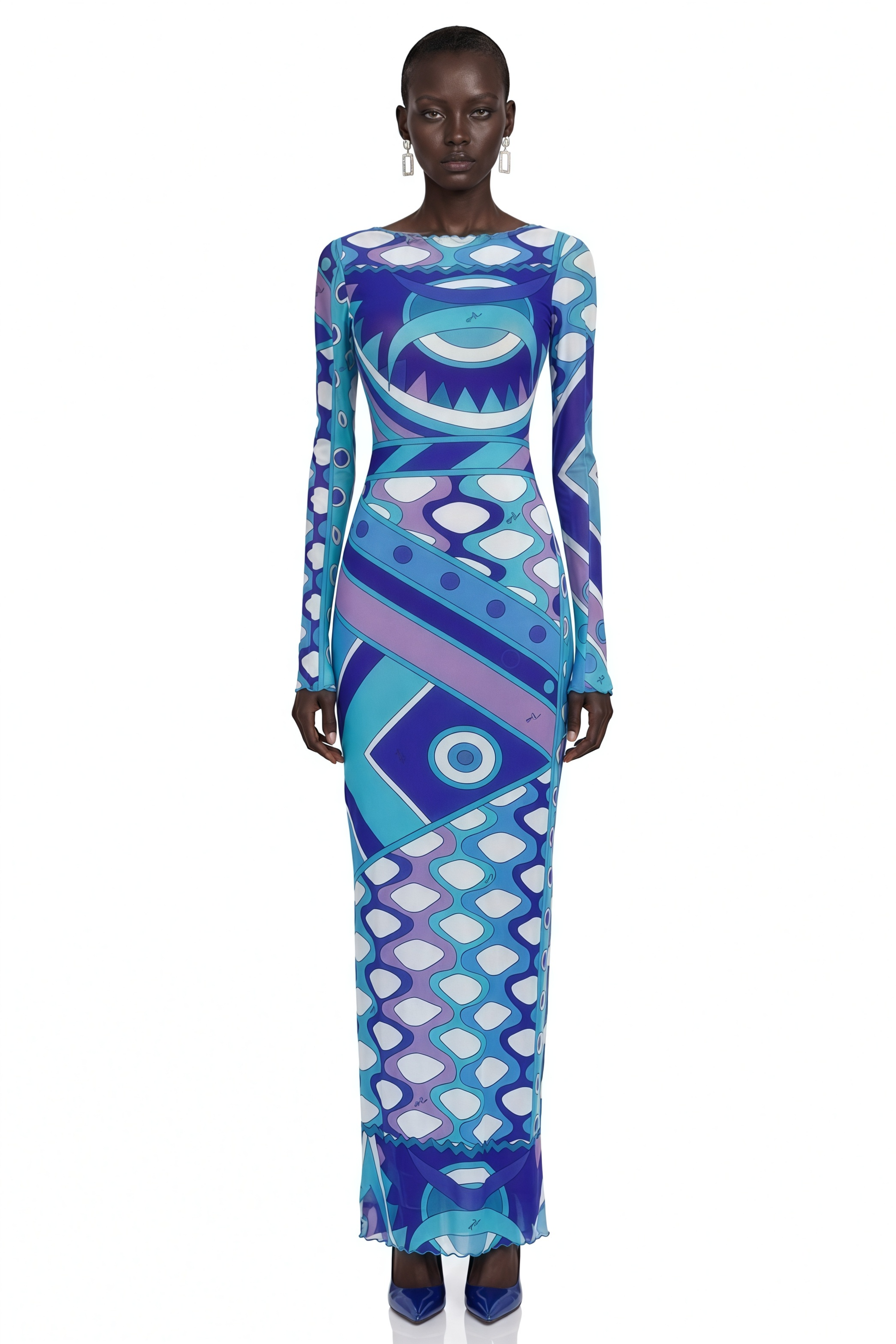 Ismeria Dark Blue Printed Long Sleeve Maxi Dress