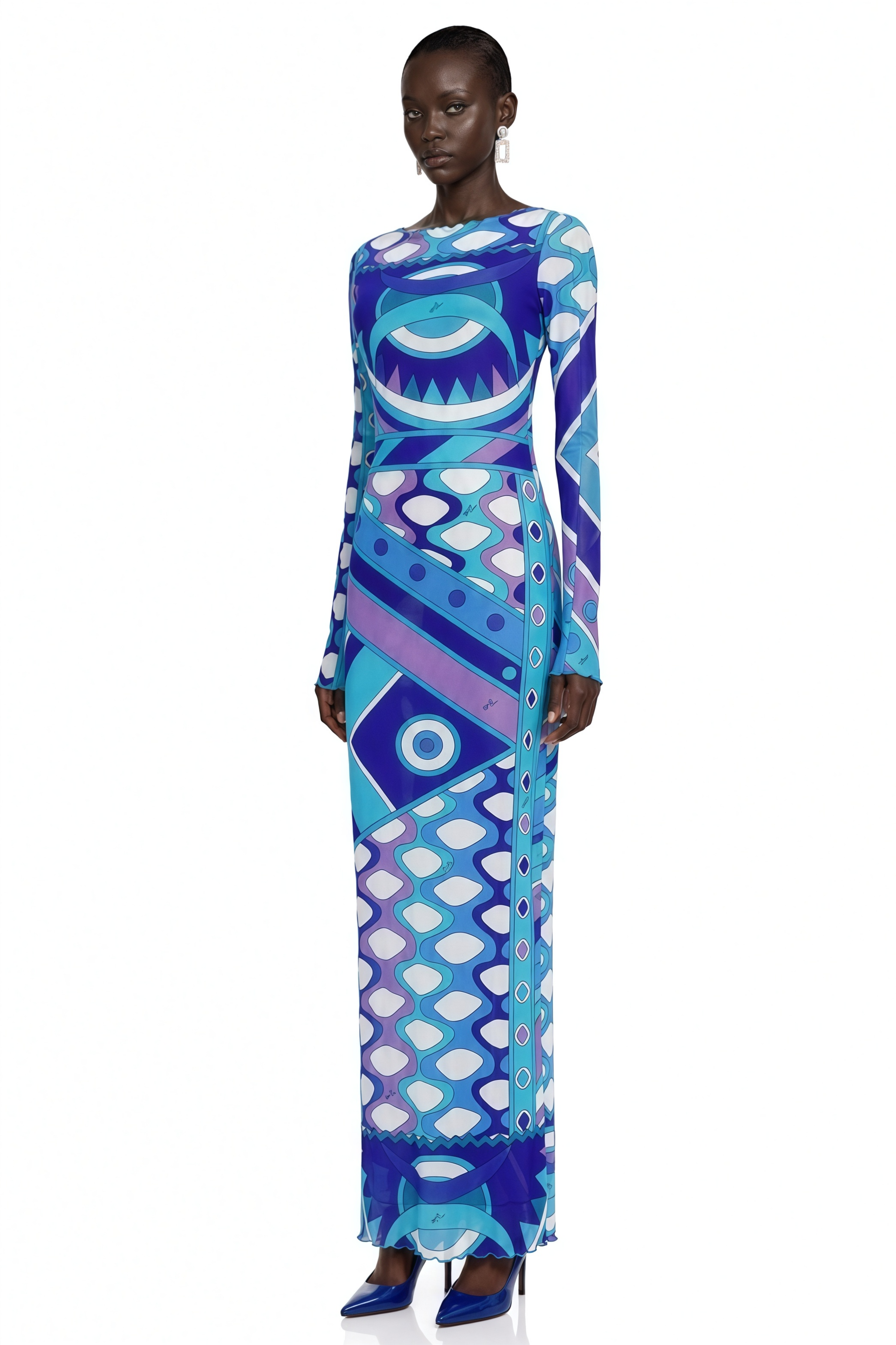 Ismeria Dark Blue Printed Long Sleeve Maxi Dress