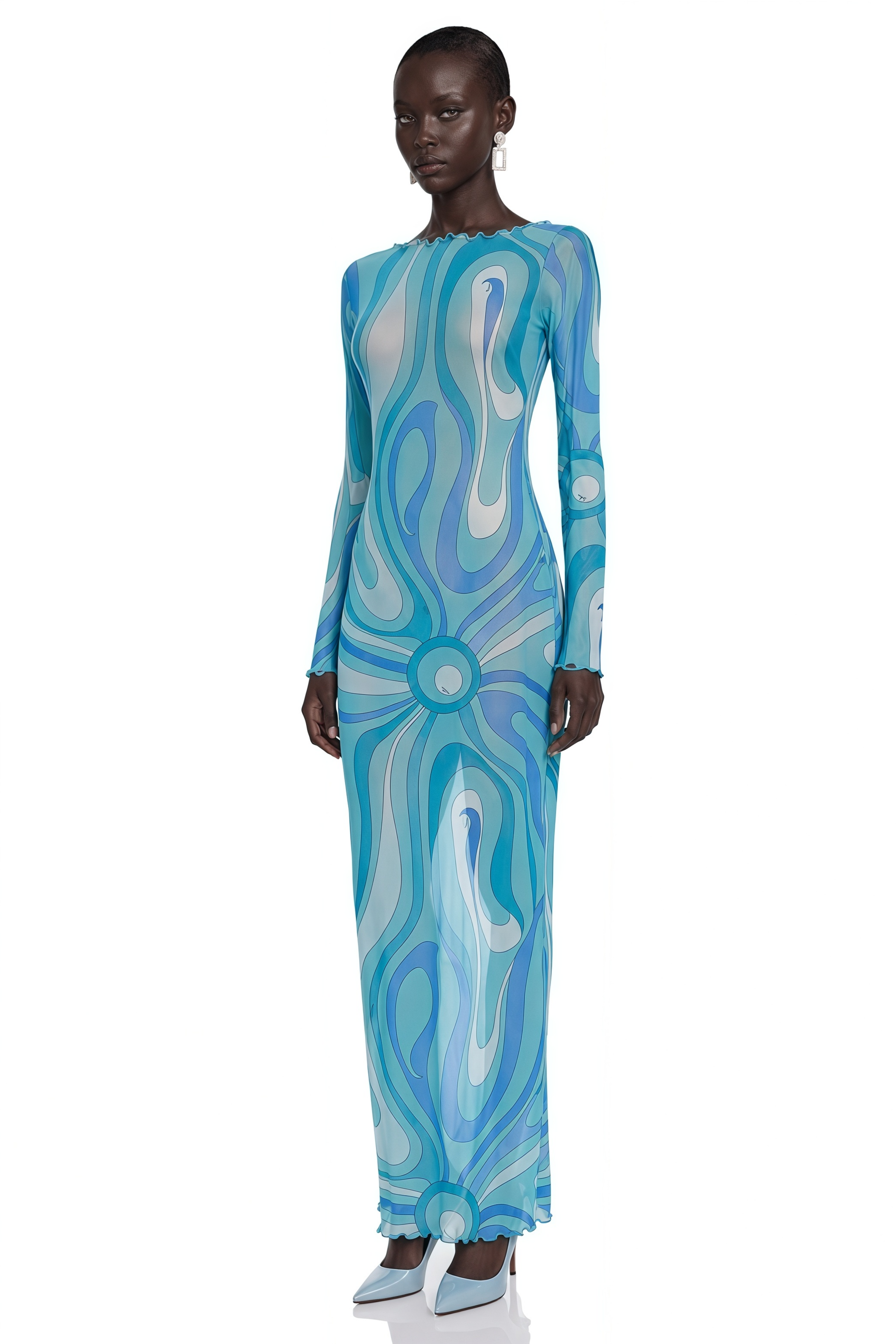 Ismeria Light Blue Printed Long Sleeve Maxi Dress