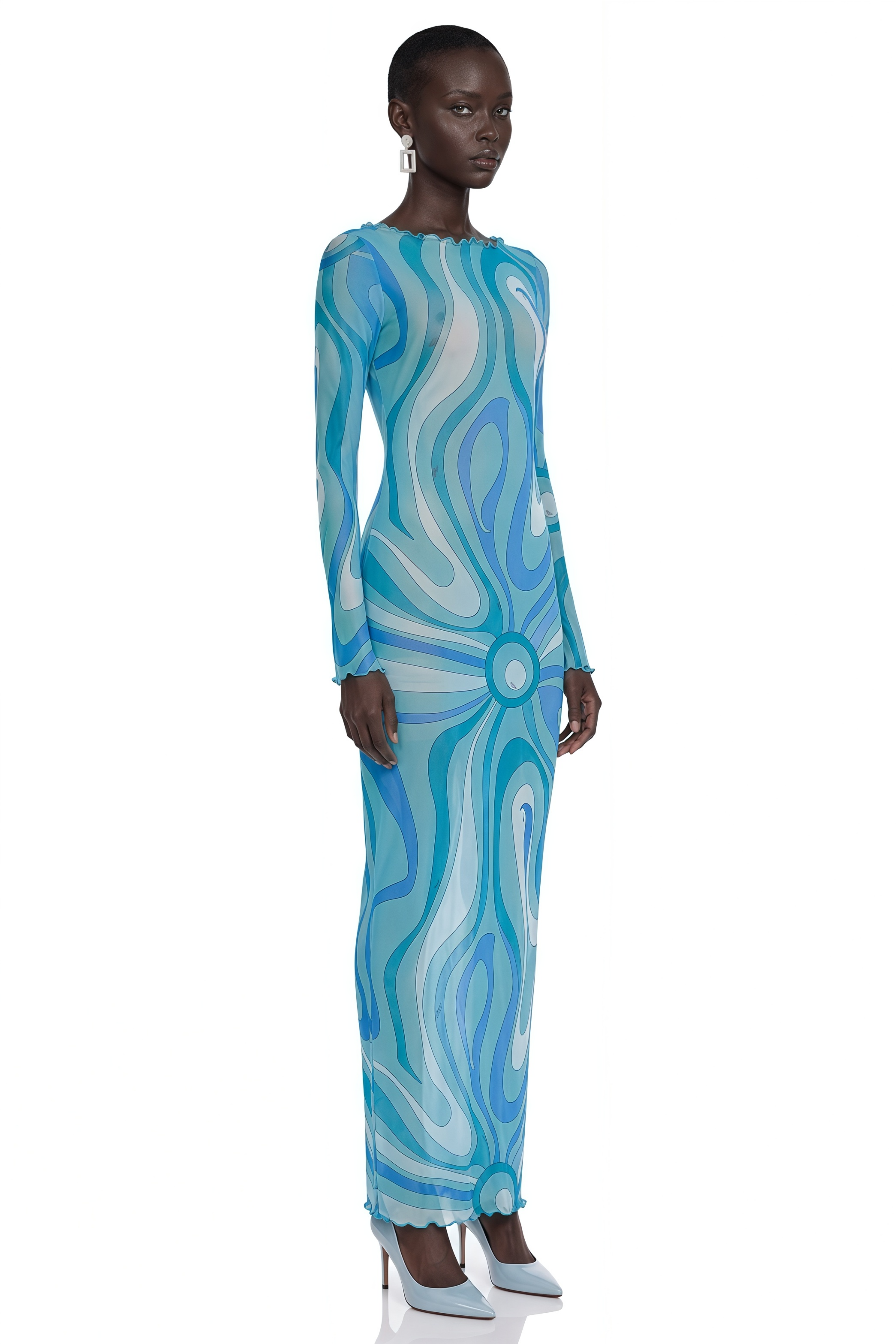 Ismeria Light Blue Printed Long Sleeve Maxi Dress