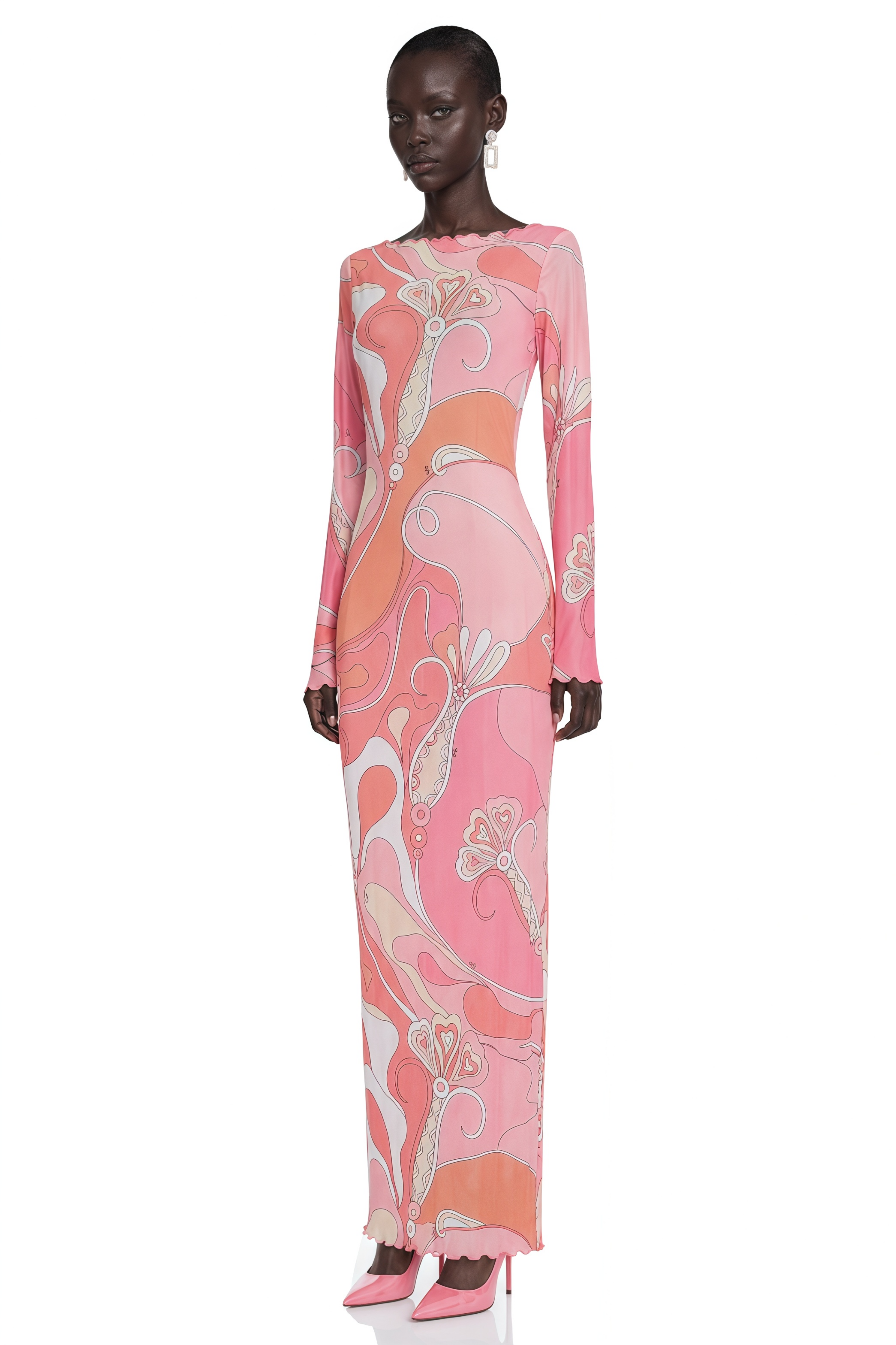 Ismeria Light Pink Printed Long Sleeve Maxi Dress