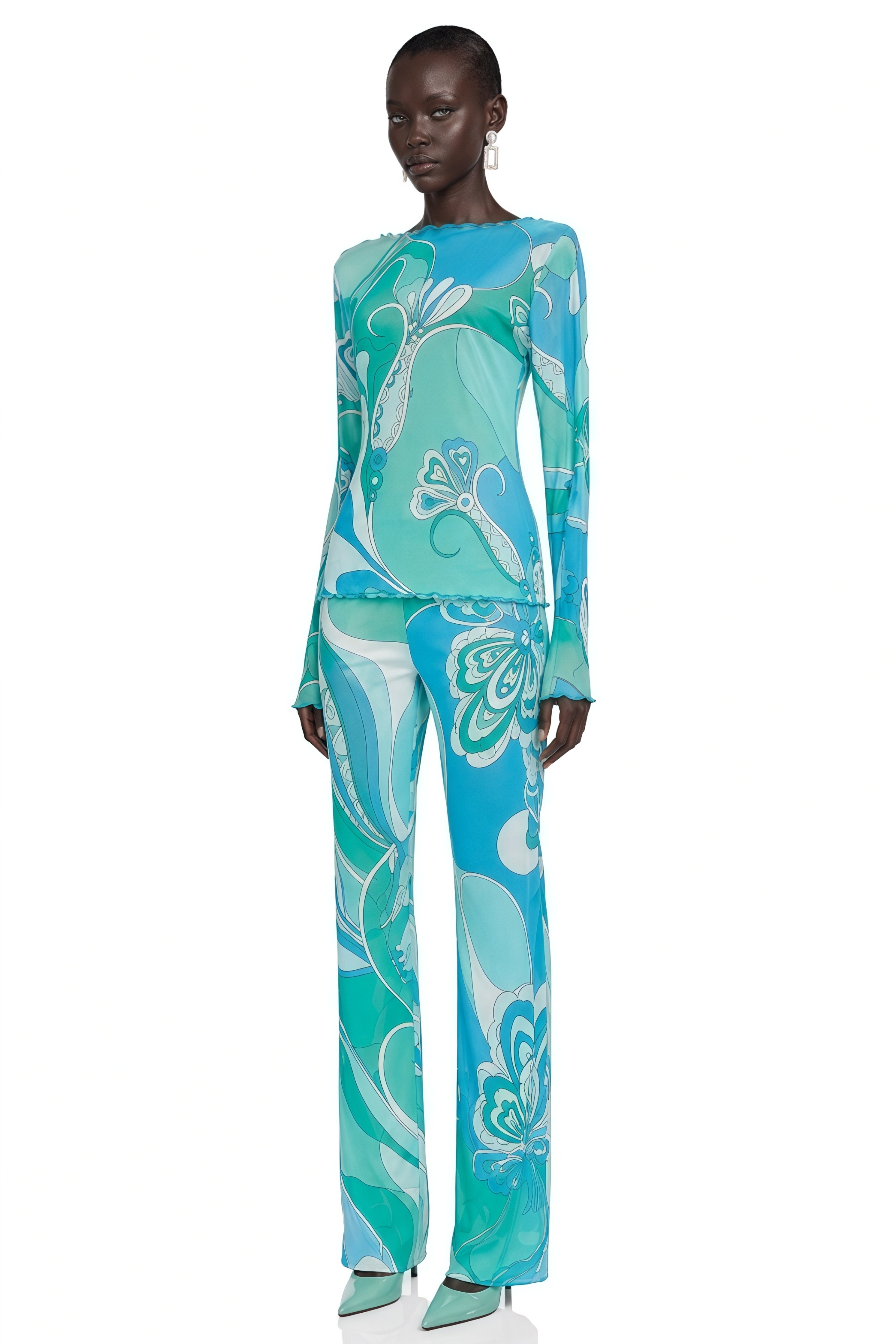 Ismeria Mint Green Printed Long Sleeve Top
