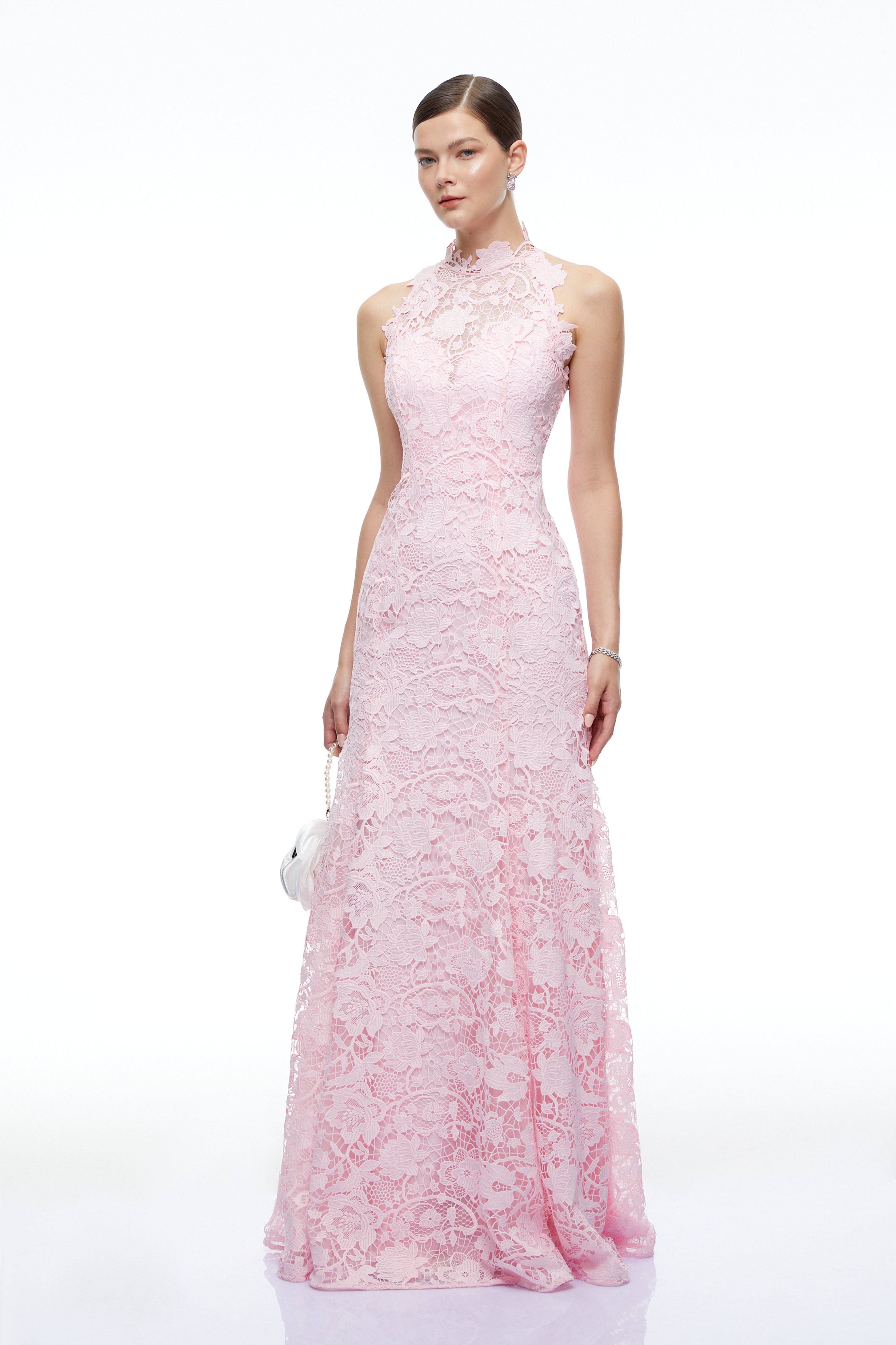 Ismerie Pink High Neck Lace Fishtail Maxi Dress