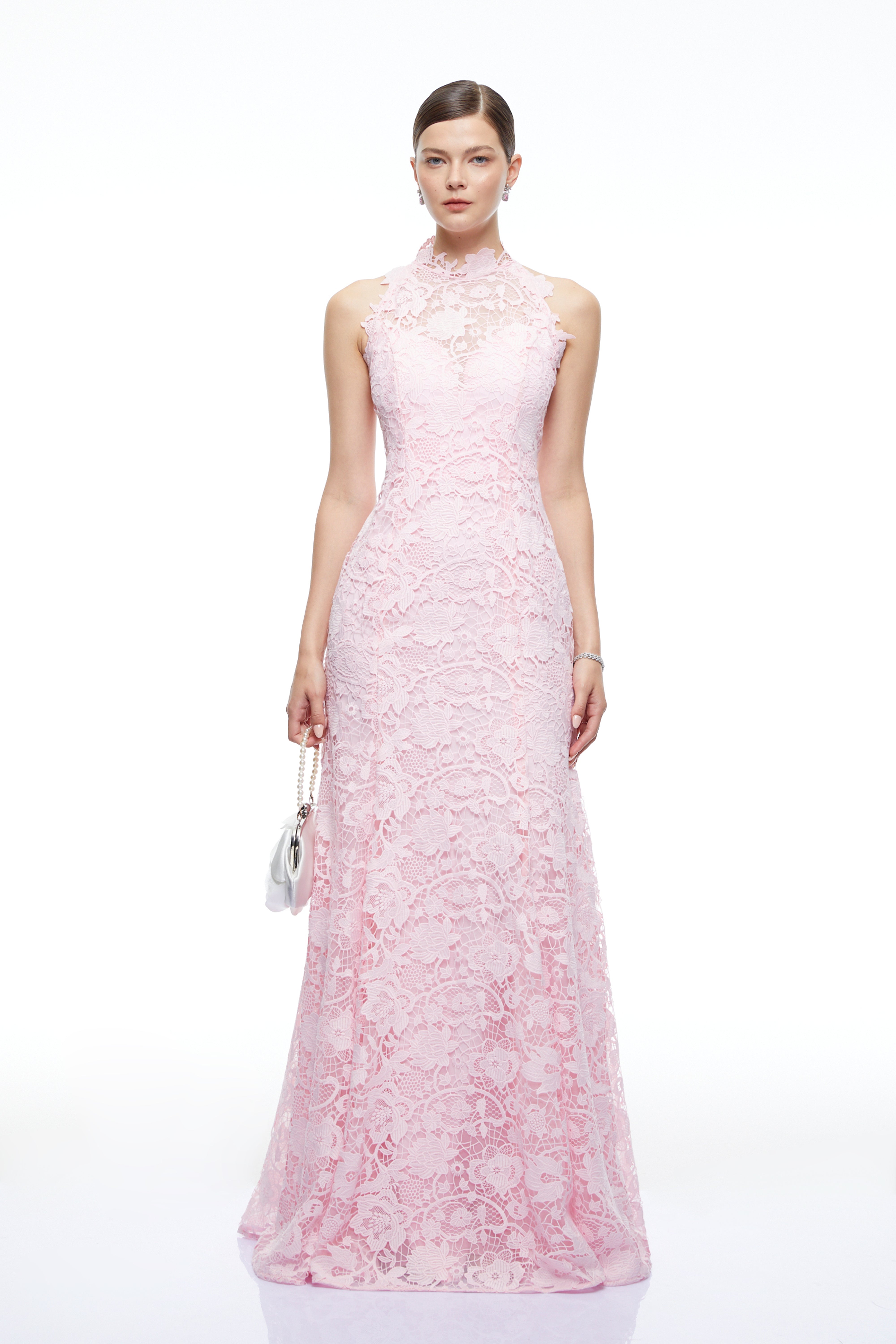 Ismerie Pink High Neck Lace Fishtail Maxi Dress