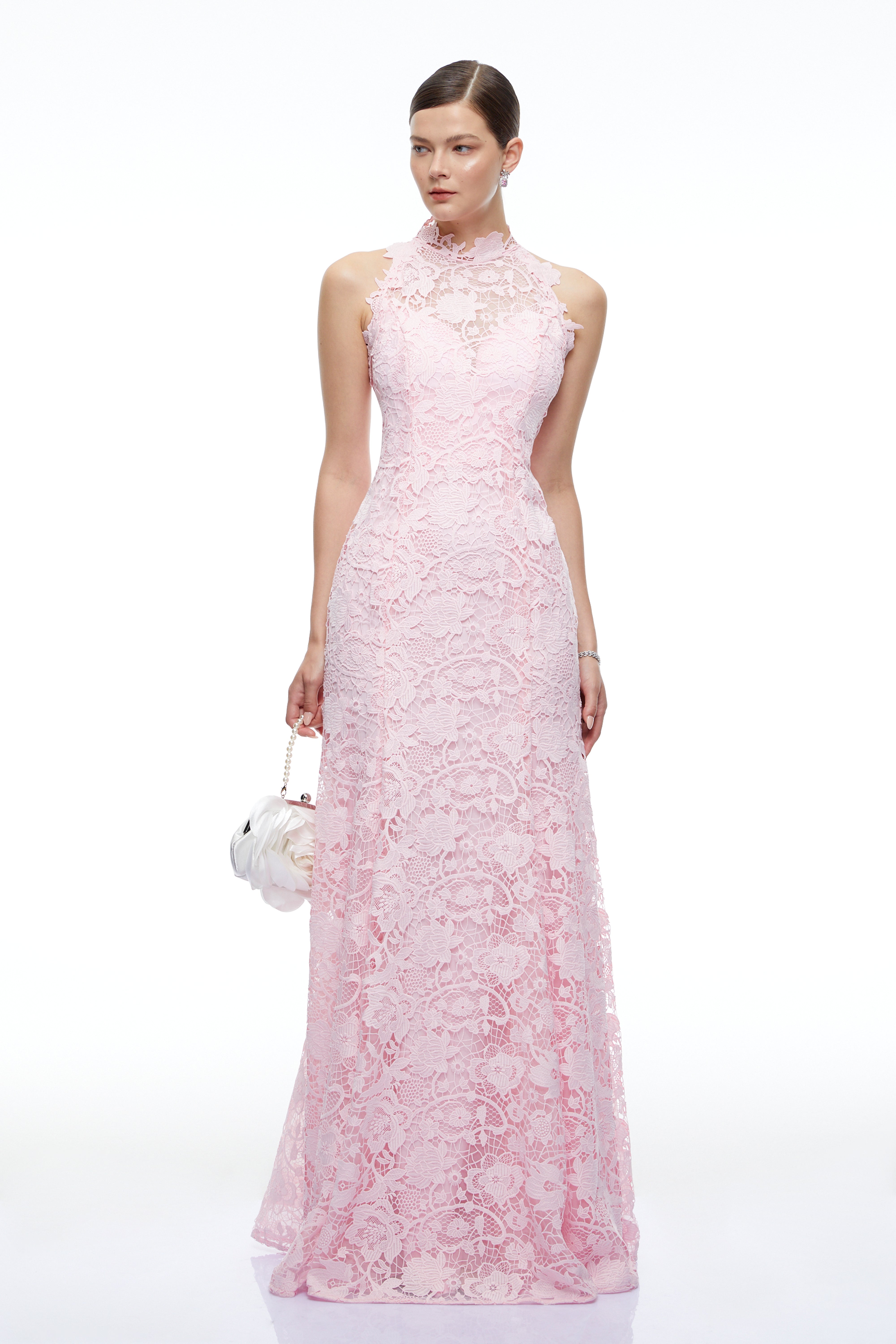 Ismerie Pink High Neck Lace Fishtail Maxi Dress