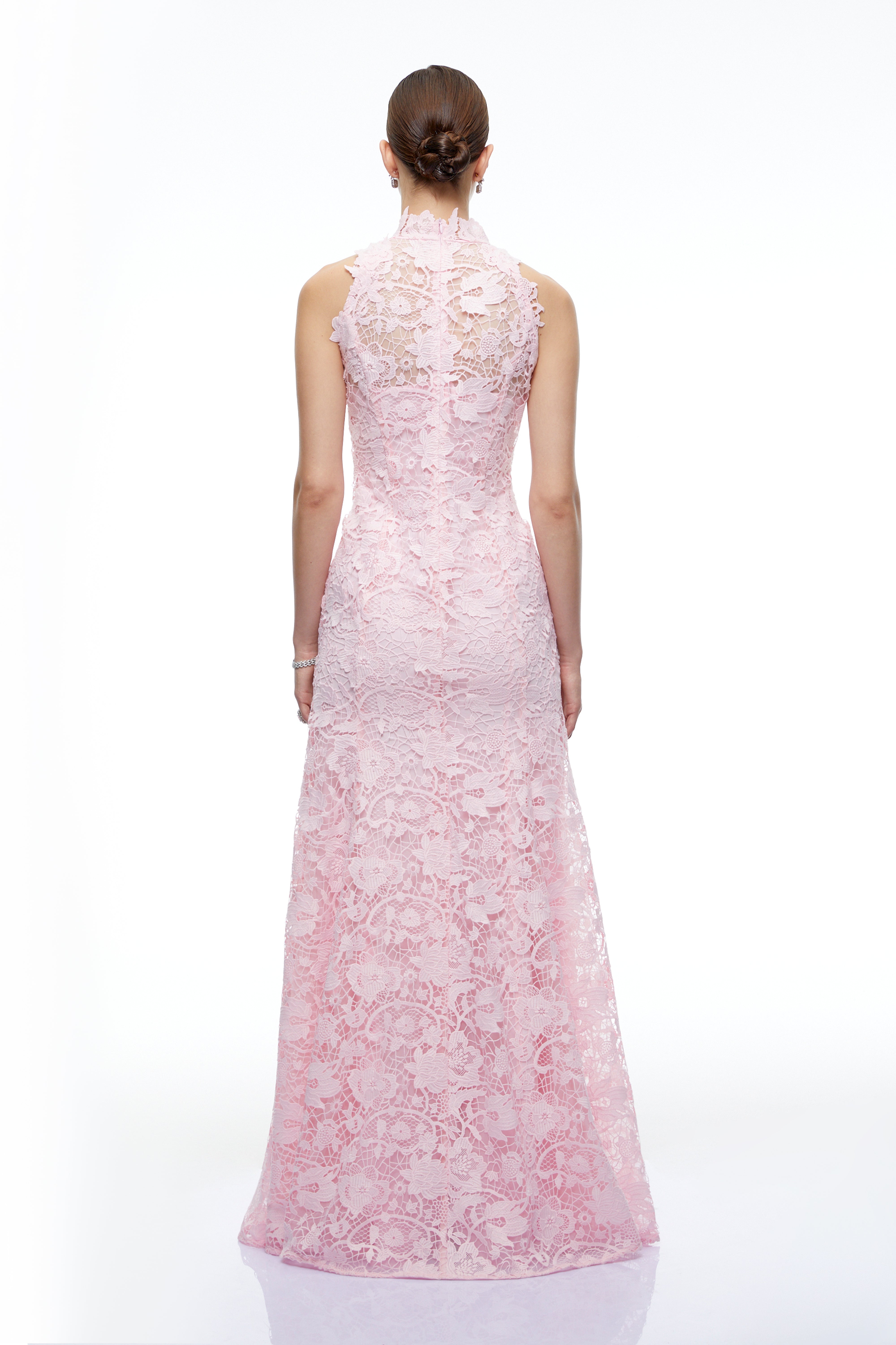 Ismerie Pink High Neck Lace Fishtail Maxi Dress