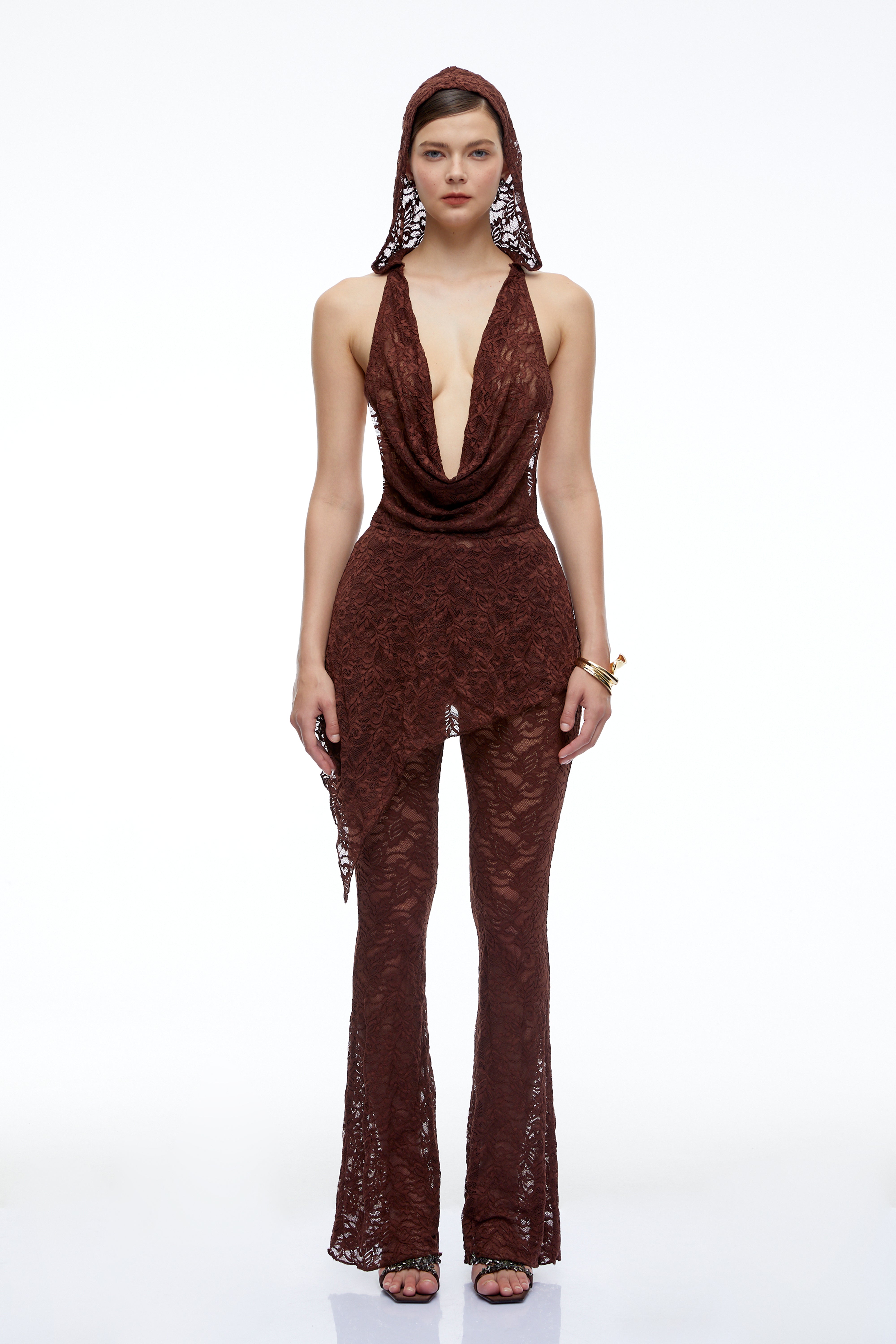 Isolde Brown Lace Halterneck Top & Flared Trousers Set