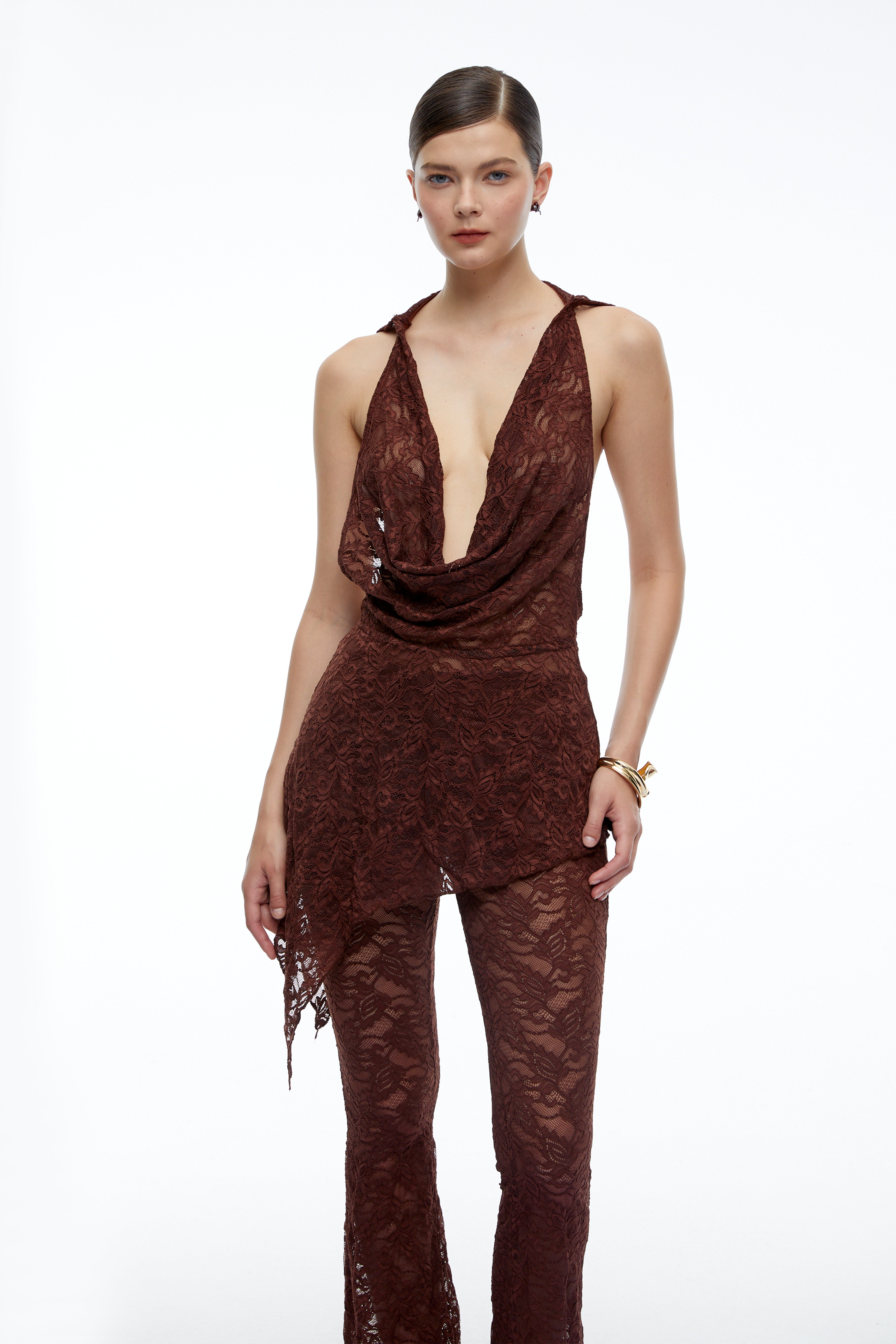 Isolde Brown Lace Halterneck Top & Flared Trousers Set