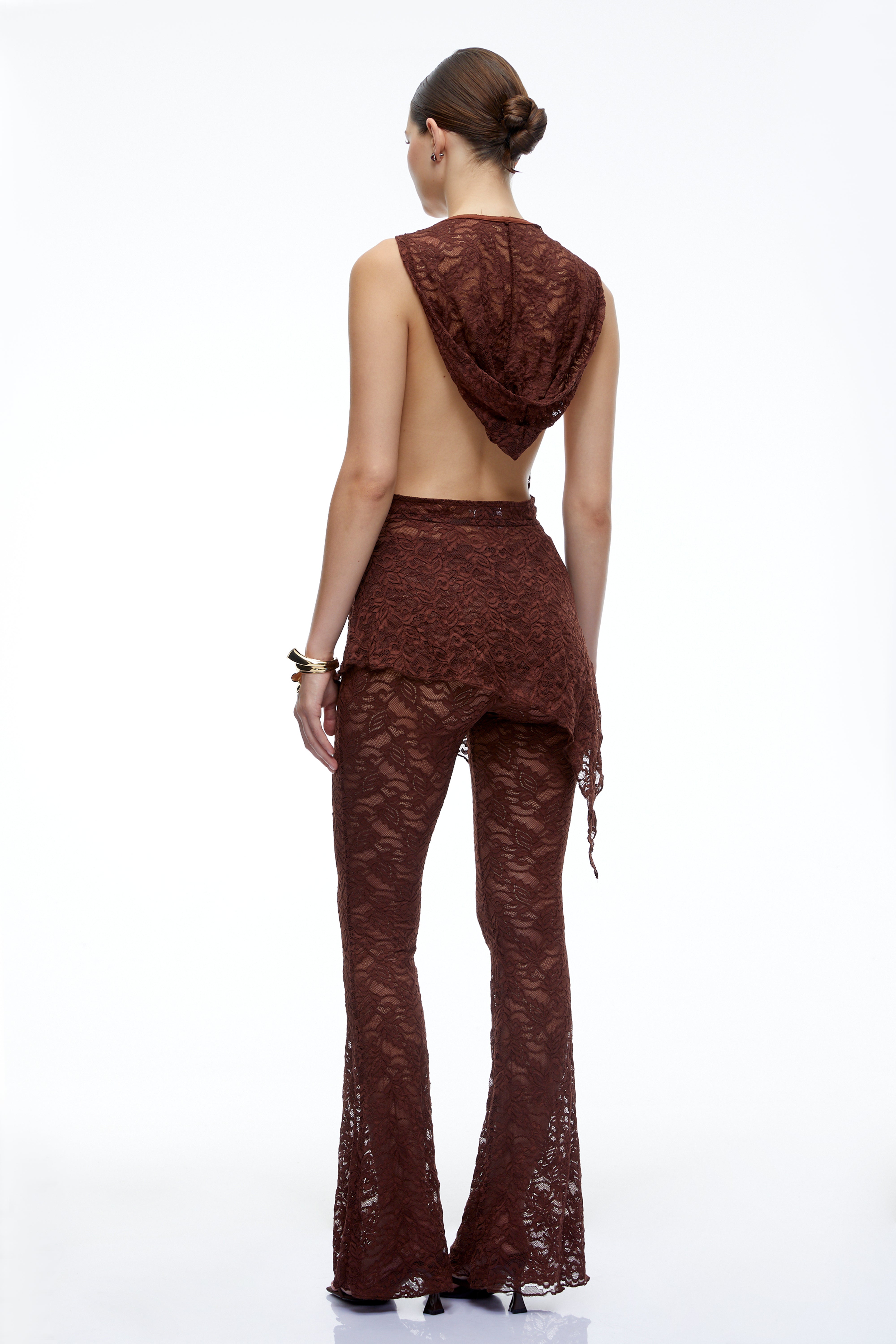Isolde Brown Lace Halterneck Top & Flared Trousers Set