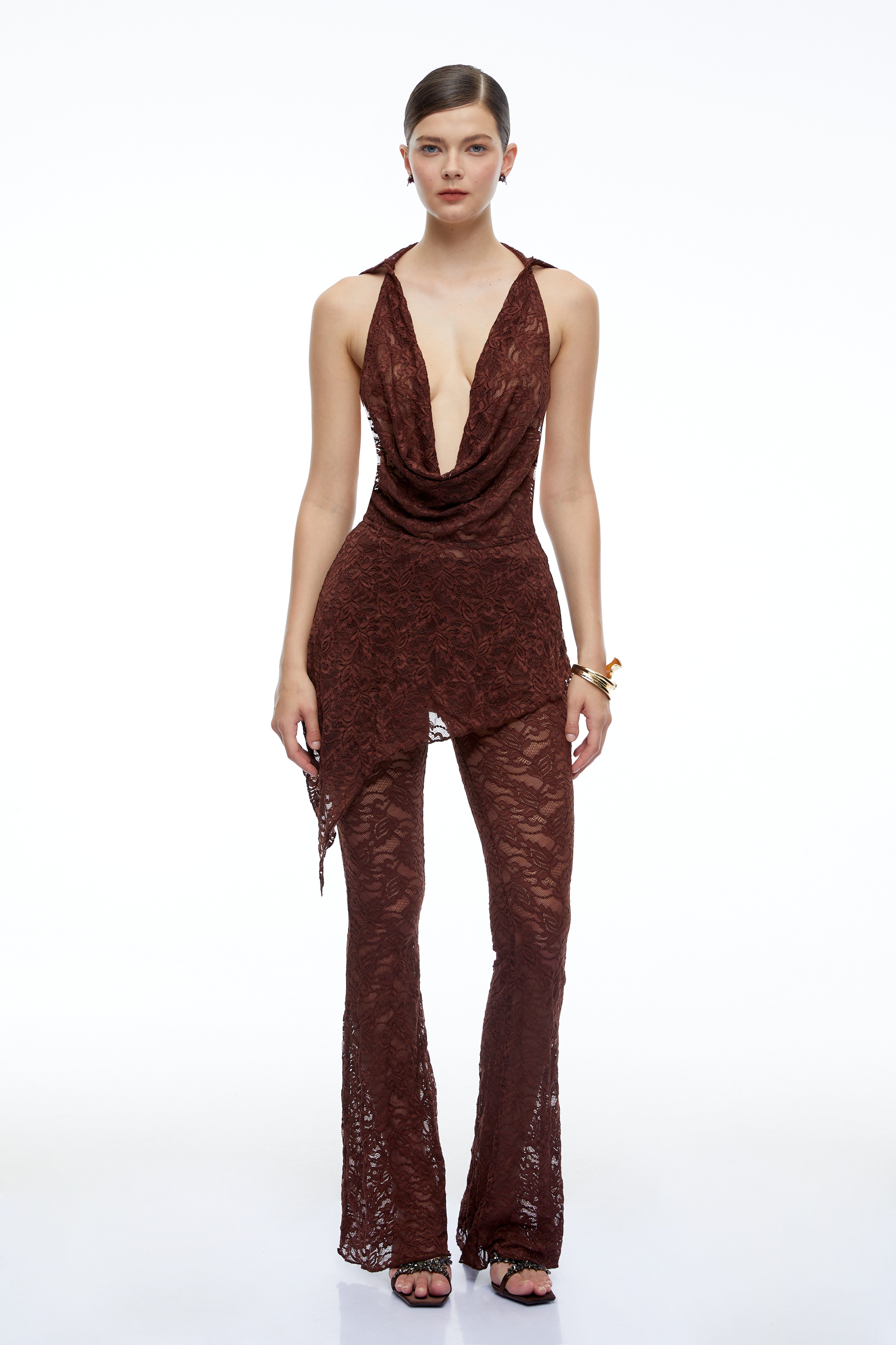 Isolde Brown Lace Halterneck Top & Flared Trousers Set
