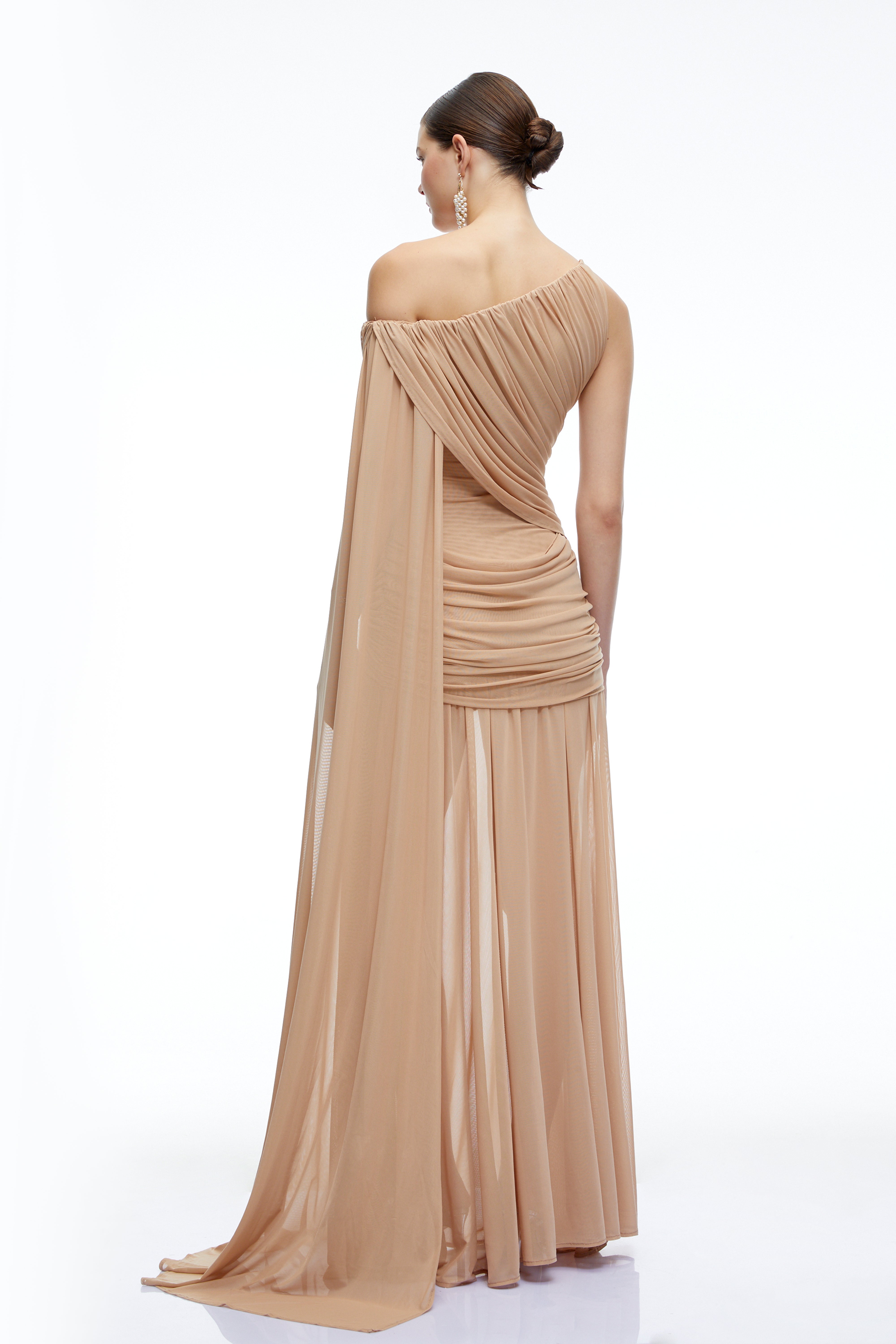 Isolde Brown One Shoulder Ruched Maxi Dress