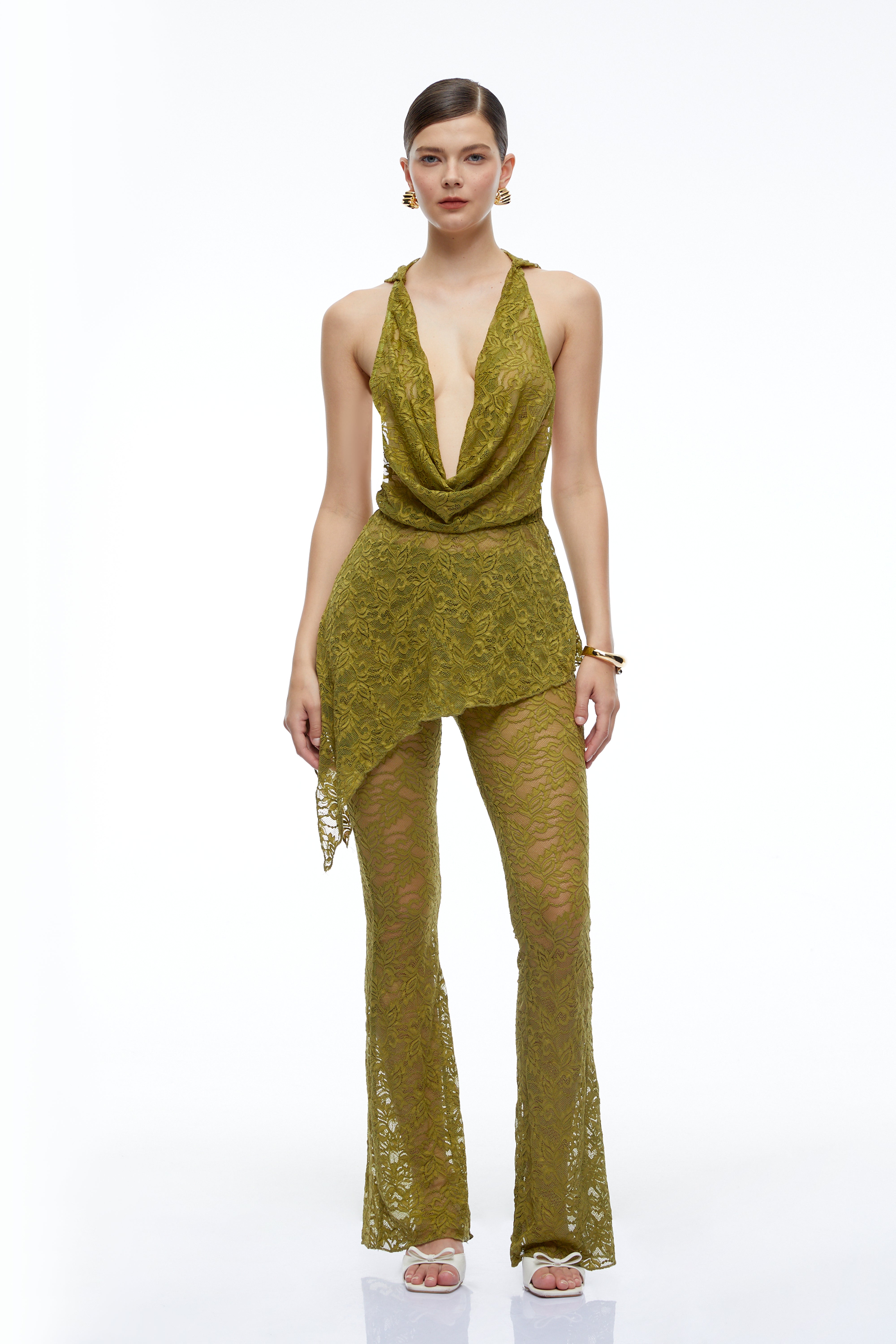 Isolde Olive Green Lace Halterneck Top & Flared Trousers Set