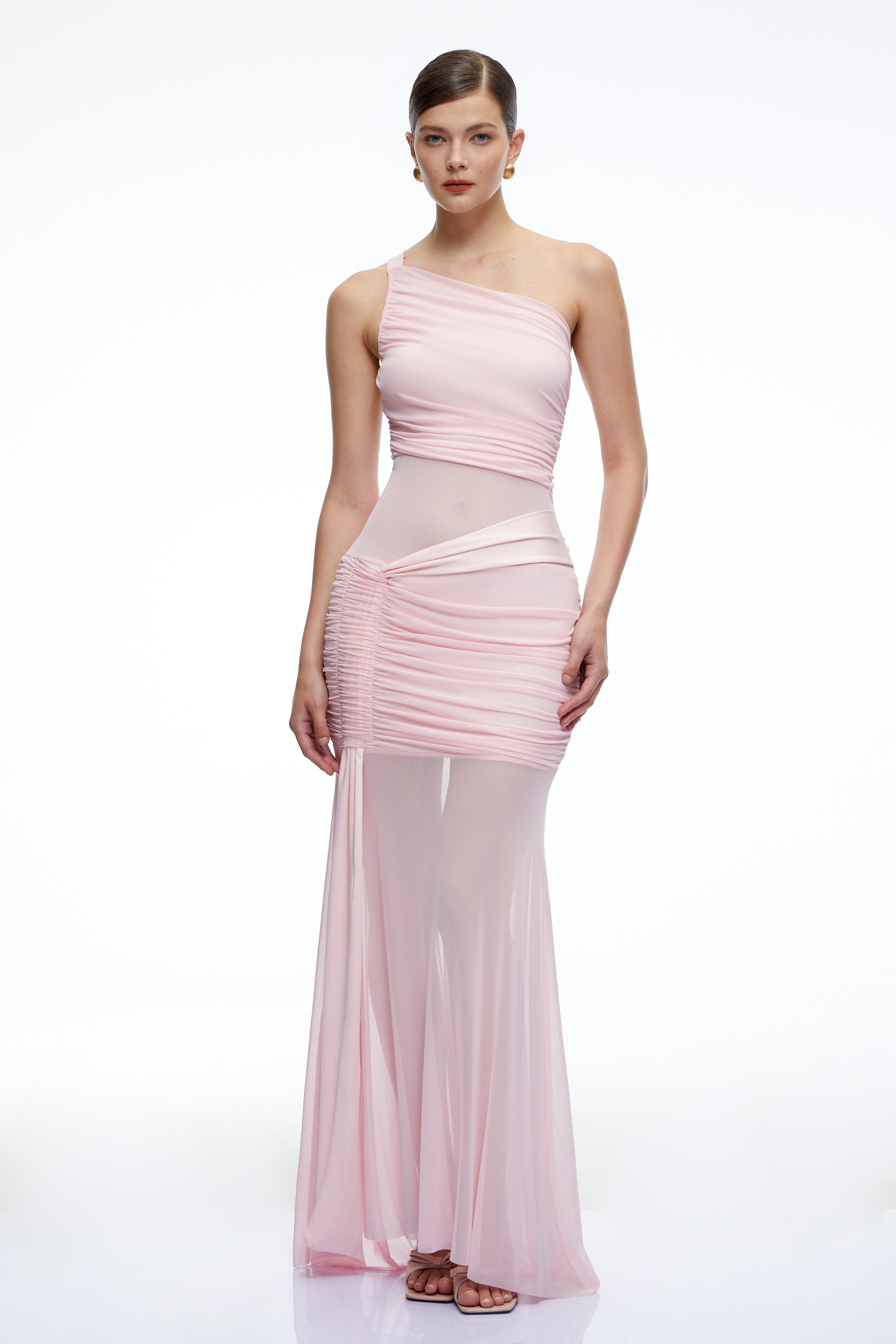 Isolde Pink One Shoulder Mesh Ruched Maxi Dress