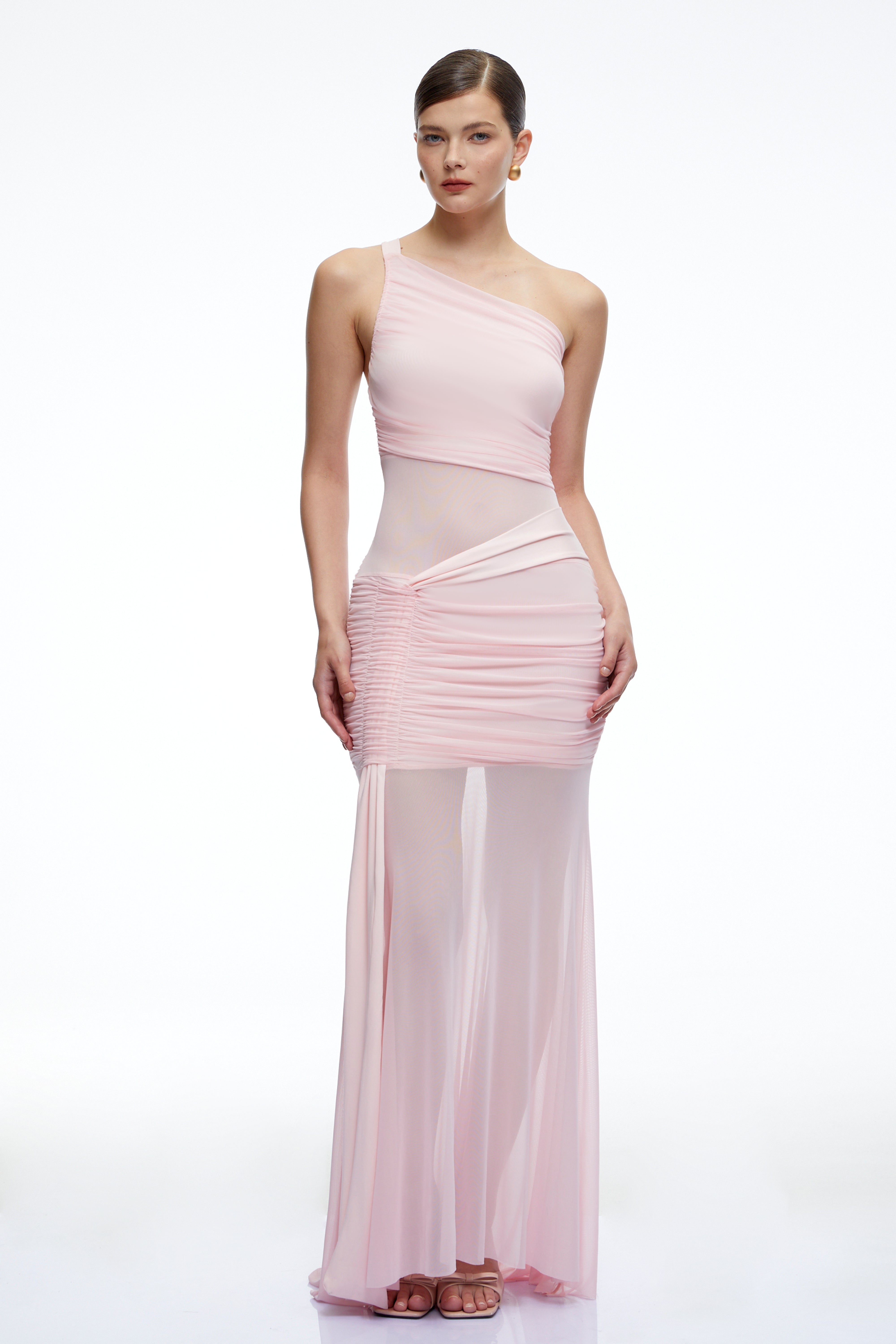 Isolde Pink One Shoulder Mesh Ruched Maxi Dress