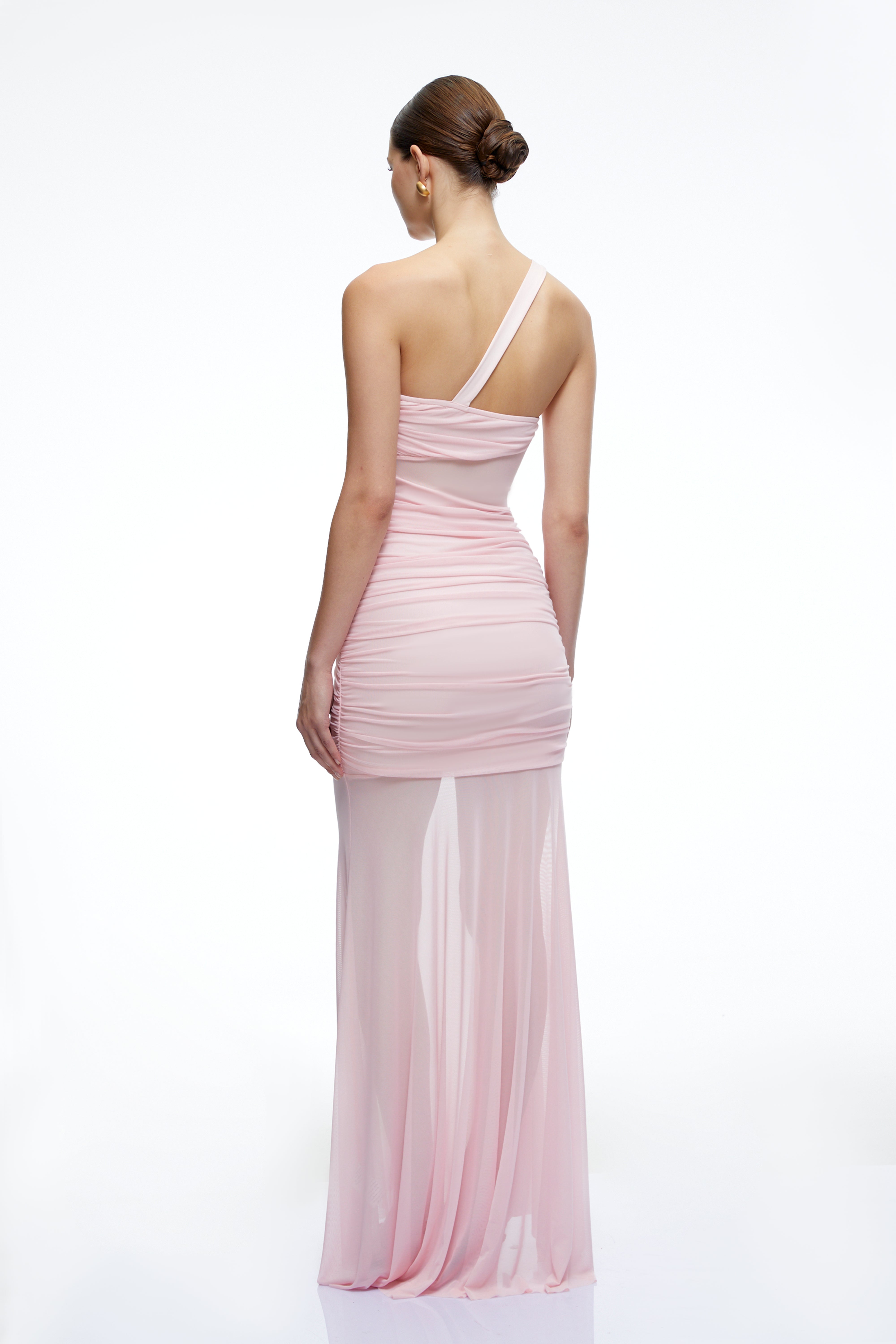 Isolde Pink One Shoulder Mesh Ruched Maxi Dress