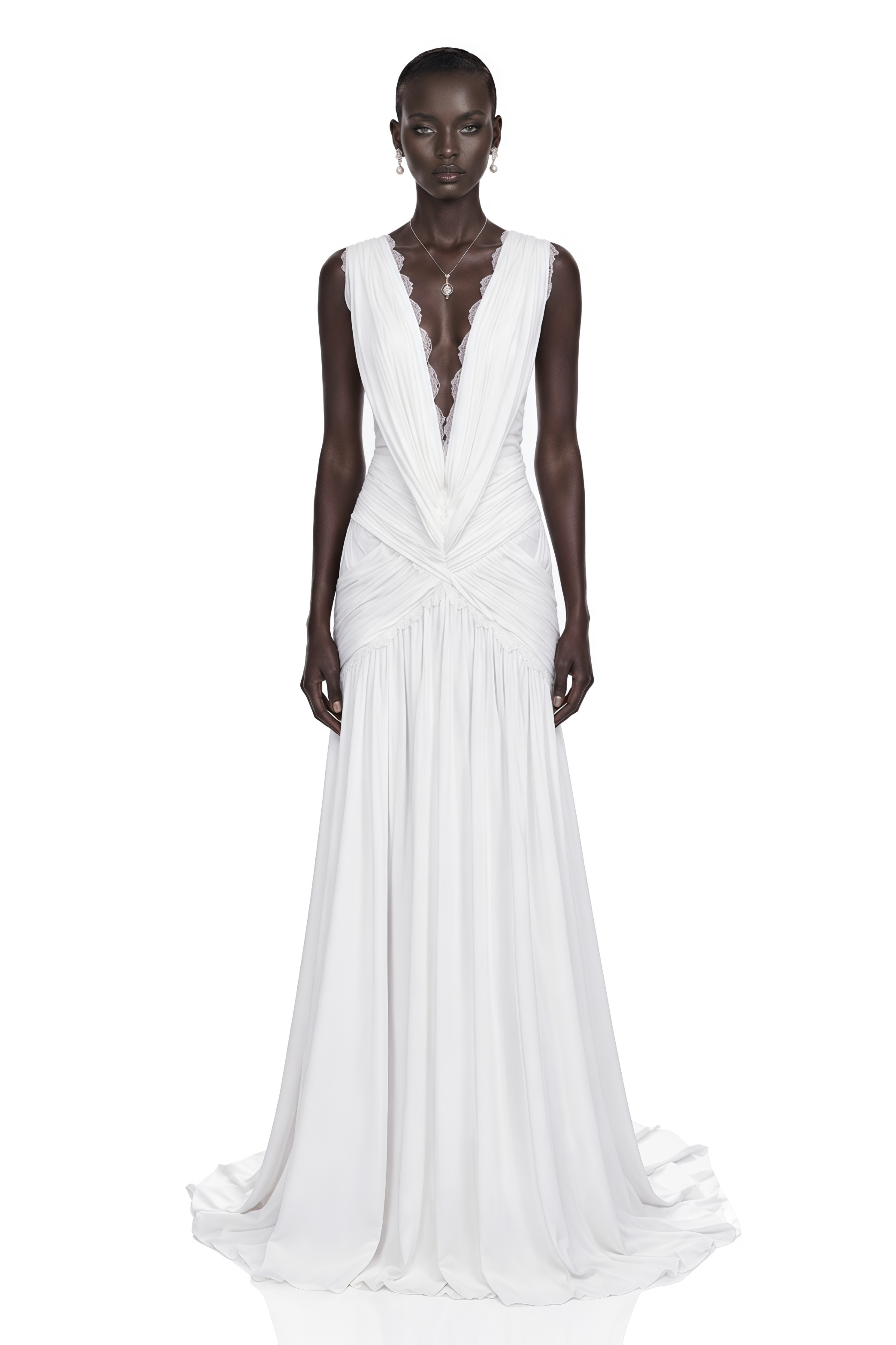 Jasmine White Plunge Neck Ruched Maxi Dress