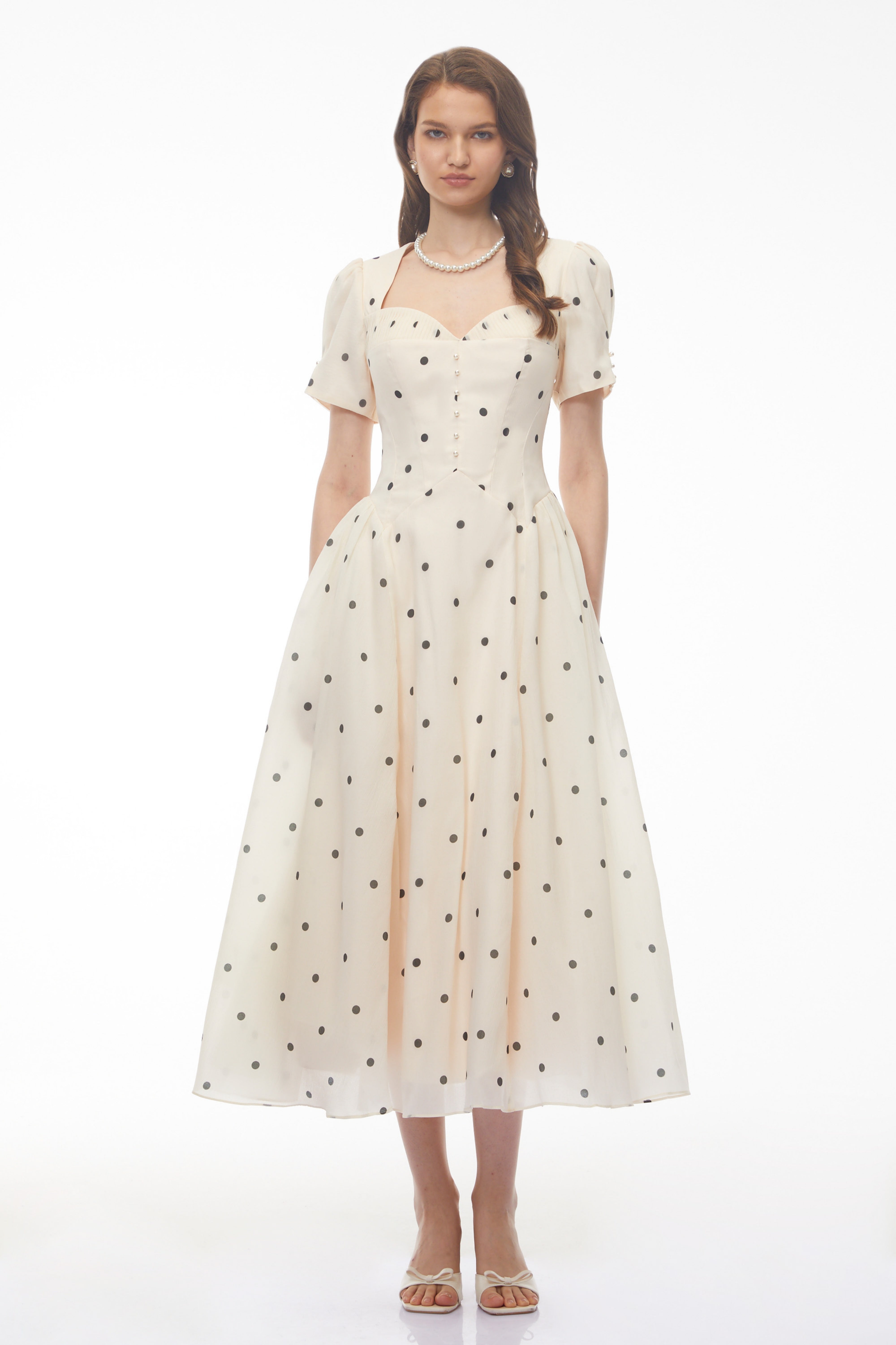 Cream Midi Dress with Black Polka Dots, Sweetheart Neck, and Puff Sleeves