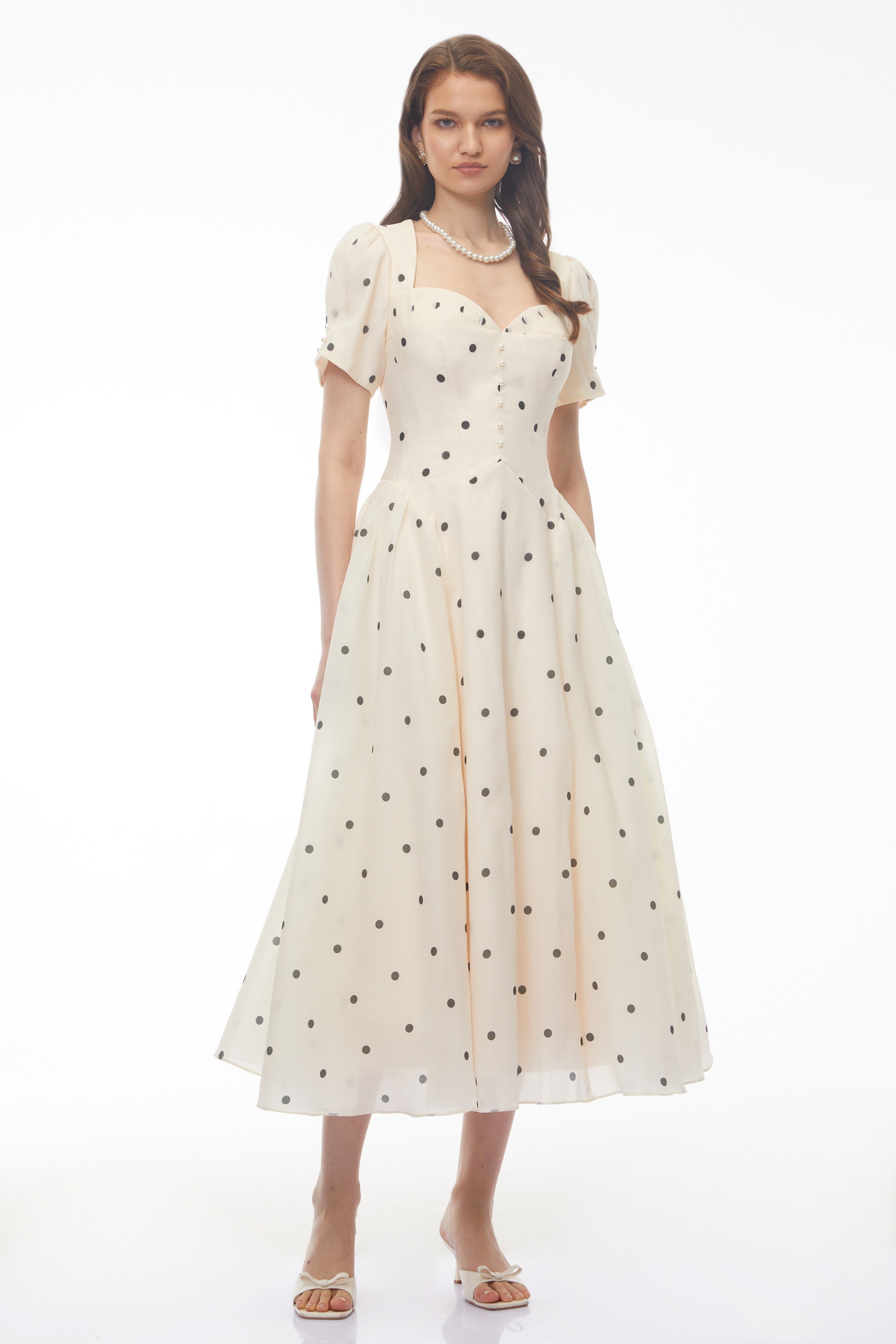 Cream Midi Dress with Black Polka Dots, Sweetheart Neck, and Puff Sleeves