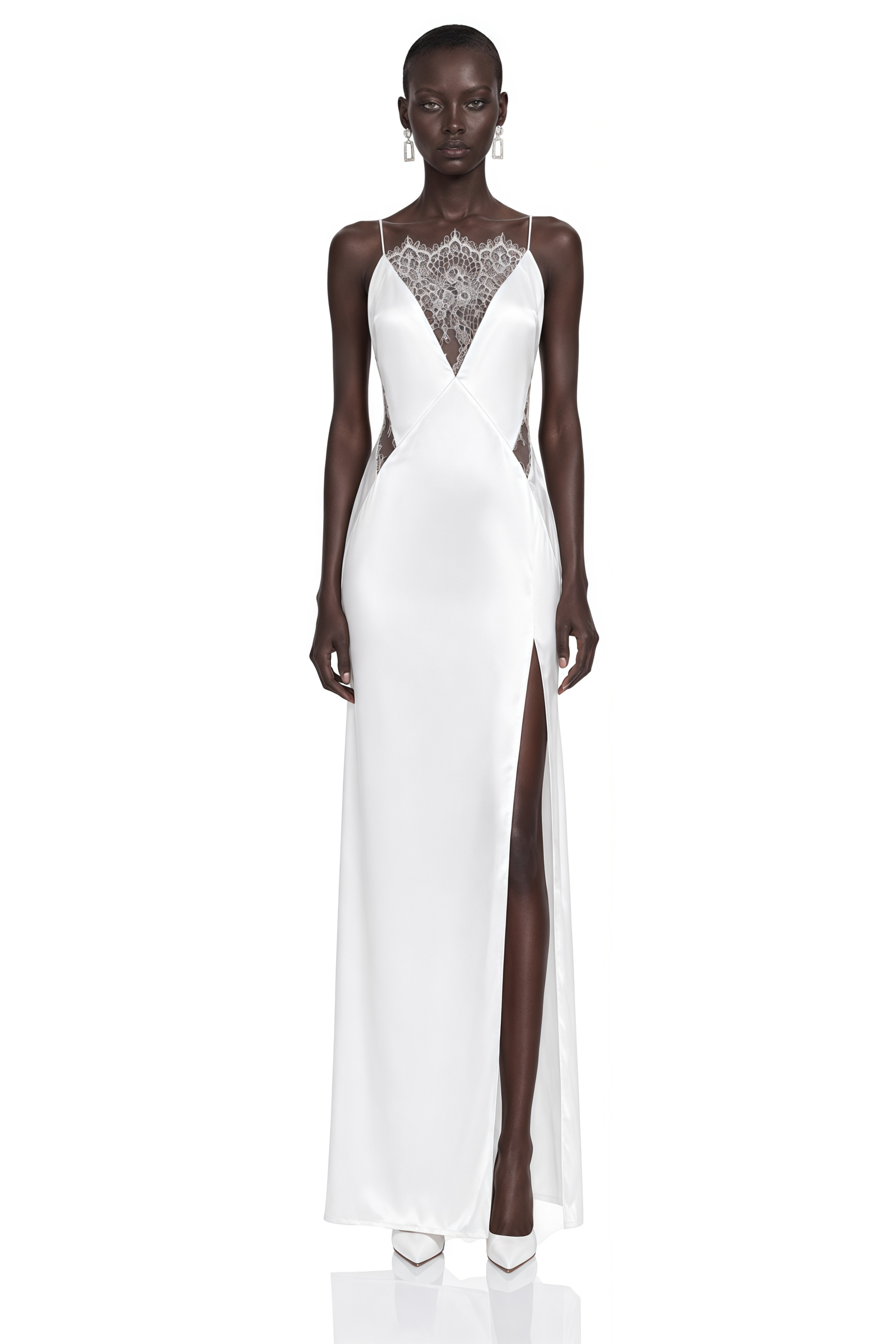 Jovie White Maxi Dress with Lace Panels and Slit