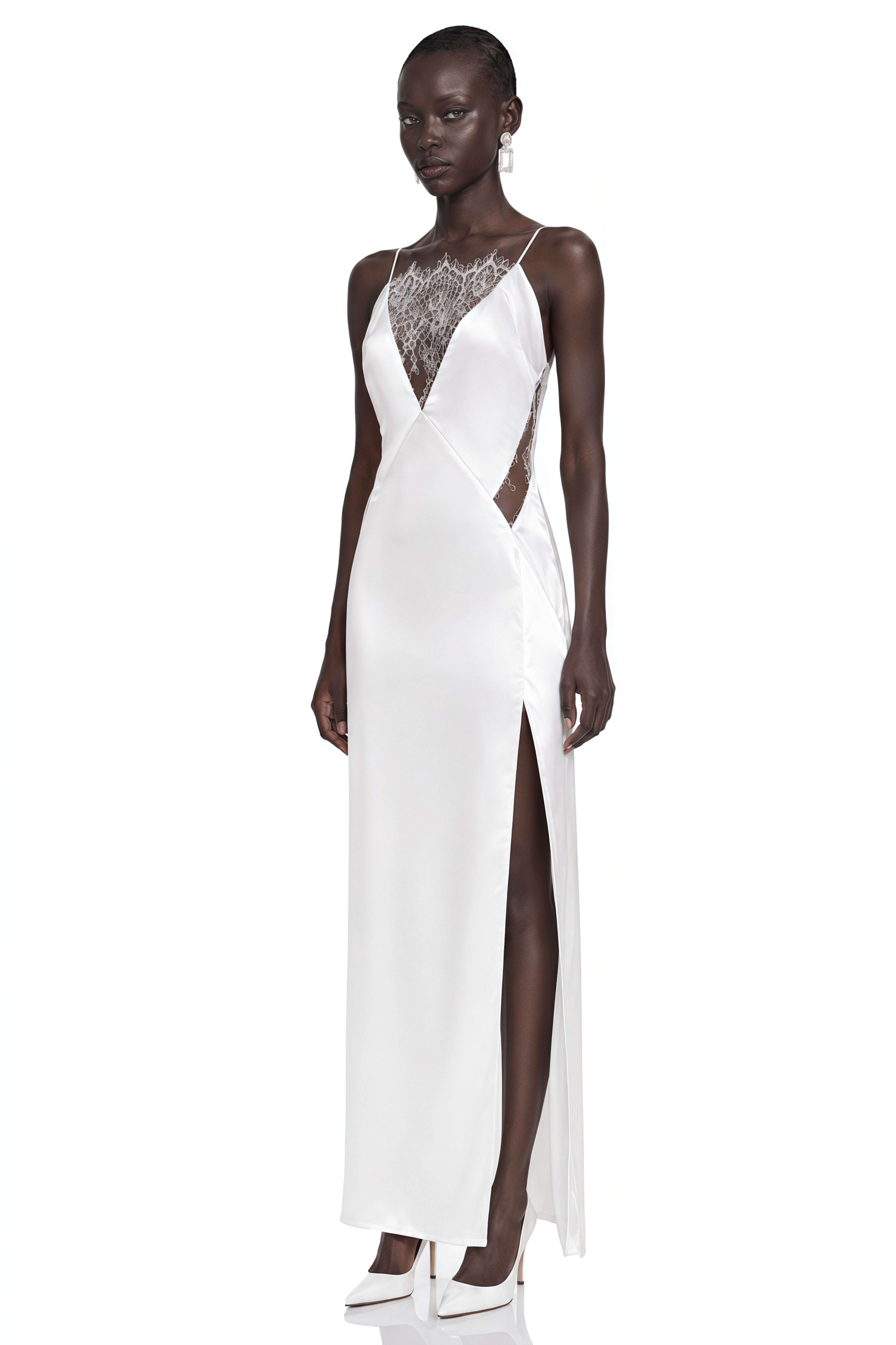 Jovie White Maxi Dress with Lace Panels and Slit