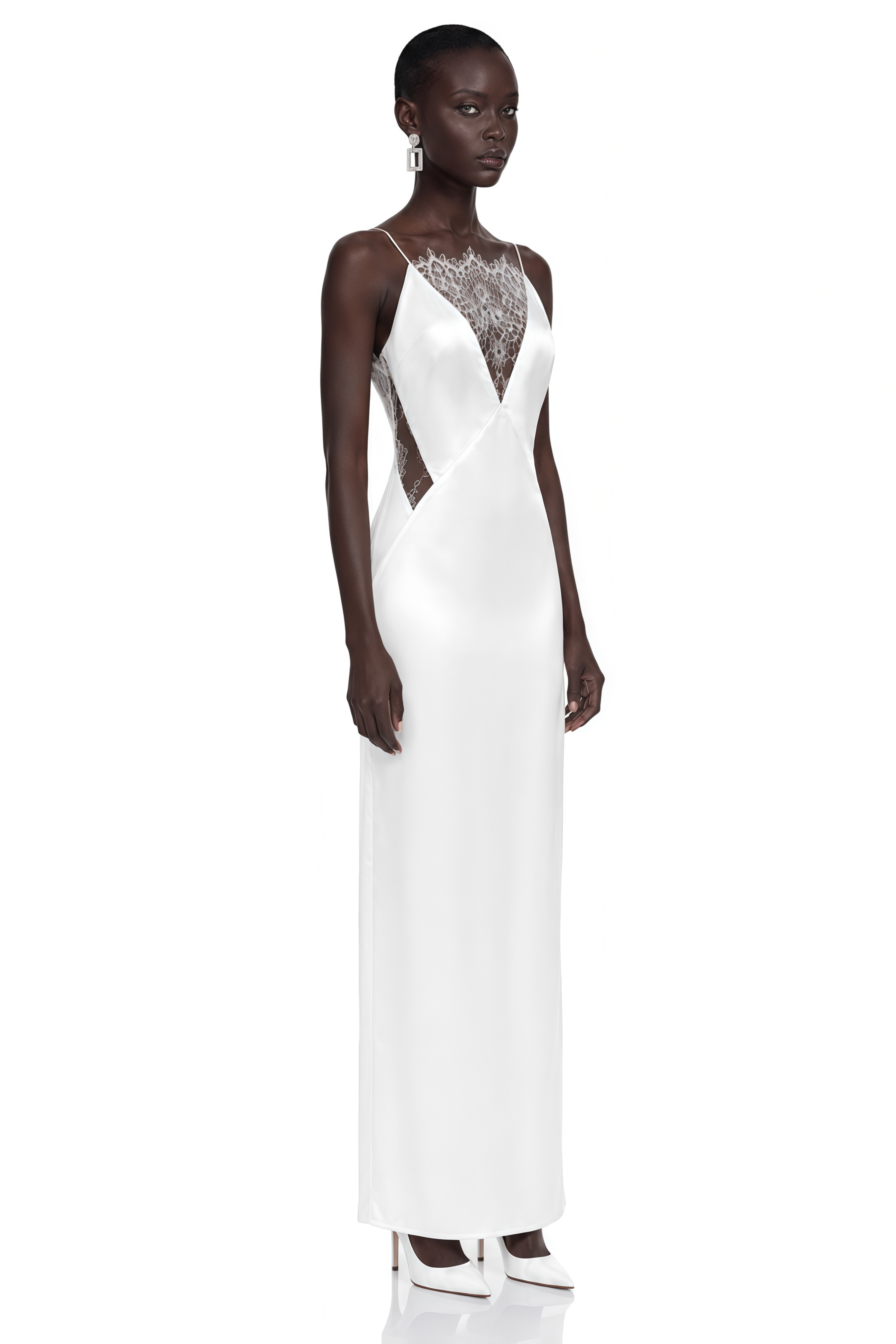 Jovie White Maxi Dress with Lace Panels and Slit
