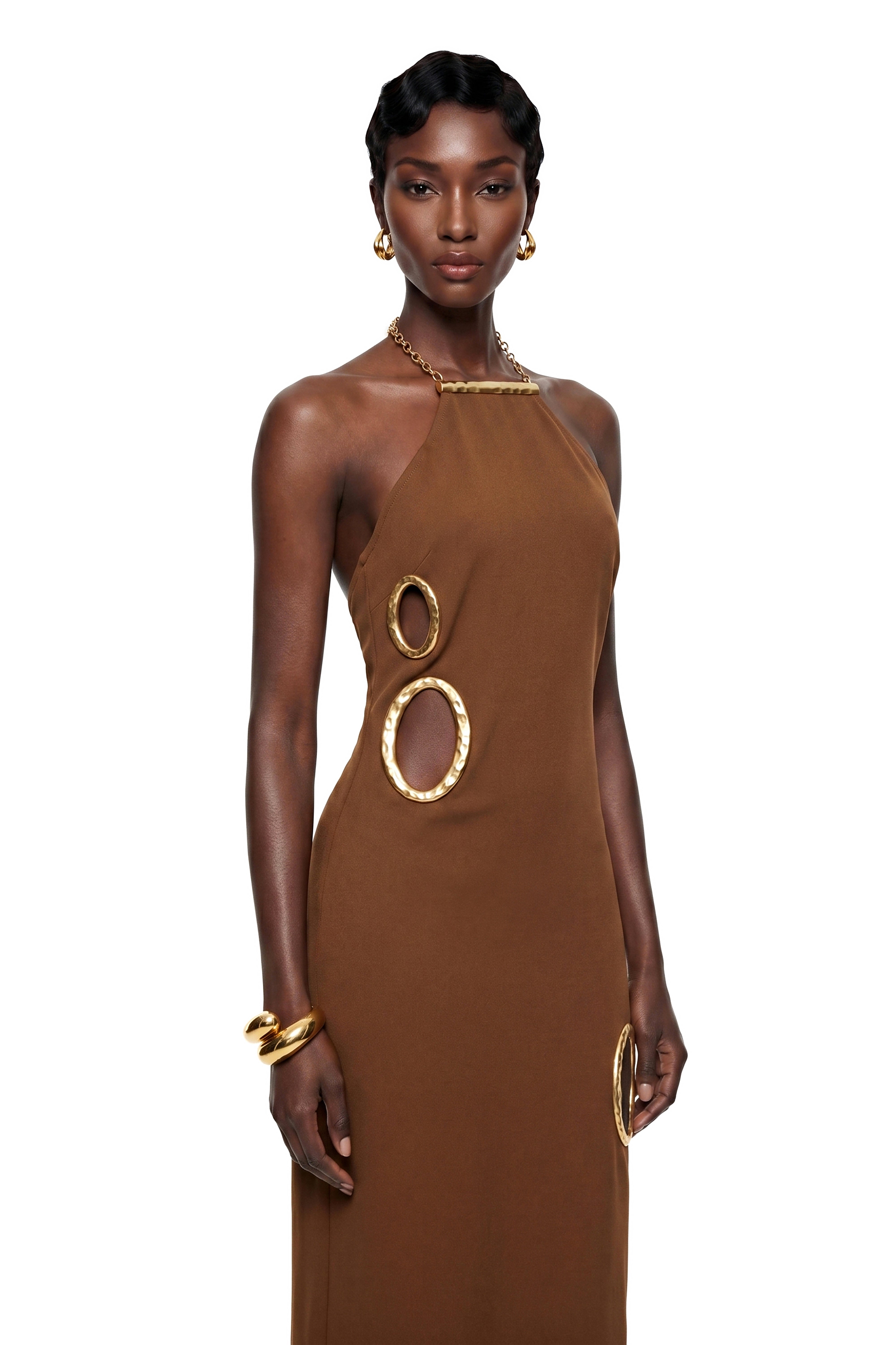 Rosalind Chocolate Brown Open Back Embellished Maxi Dress