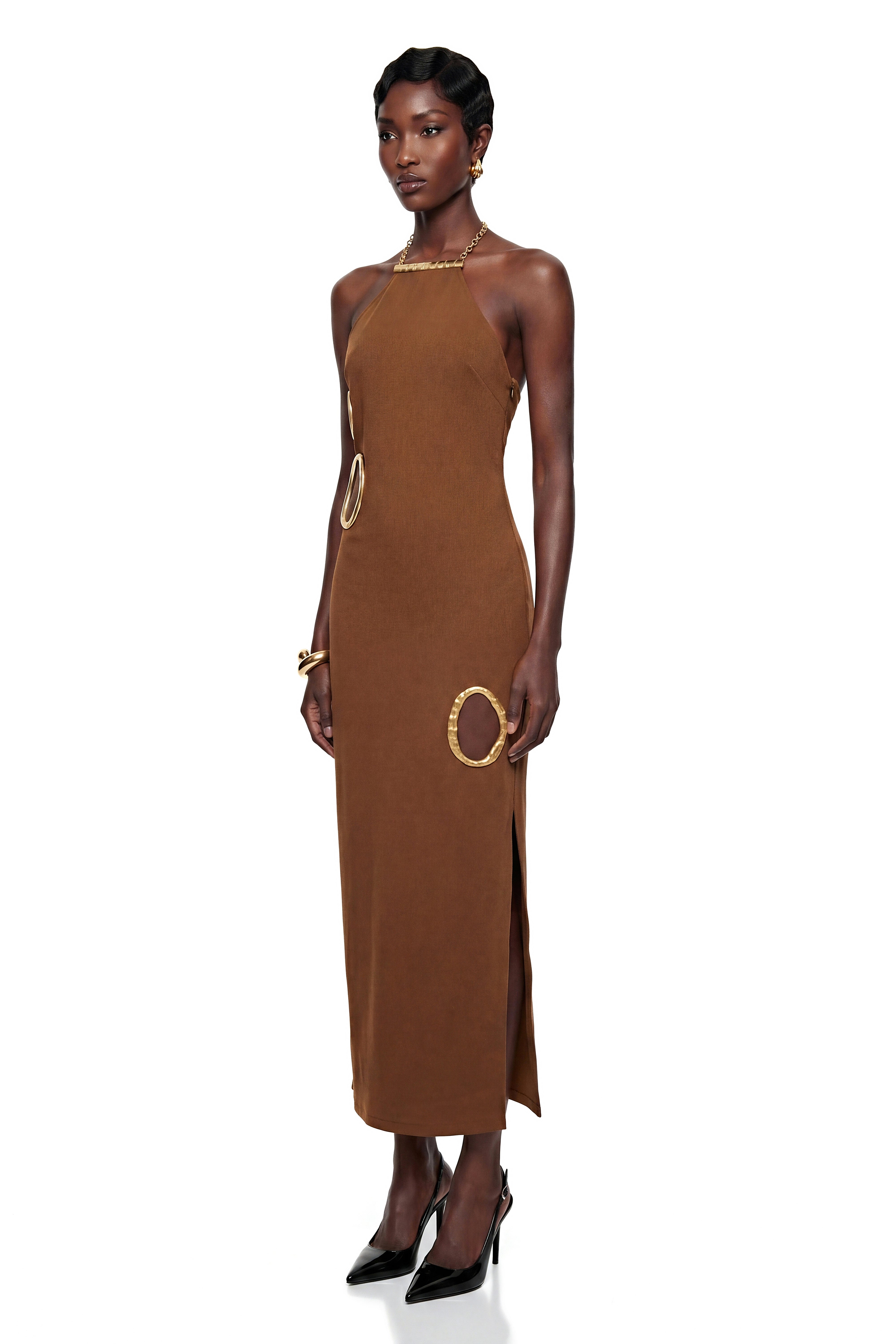 Rosalind Chocolate Brown Open Back Embellished Maxi Dress
