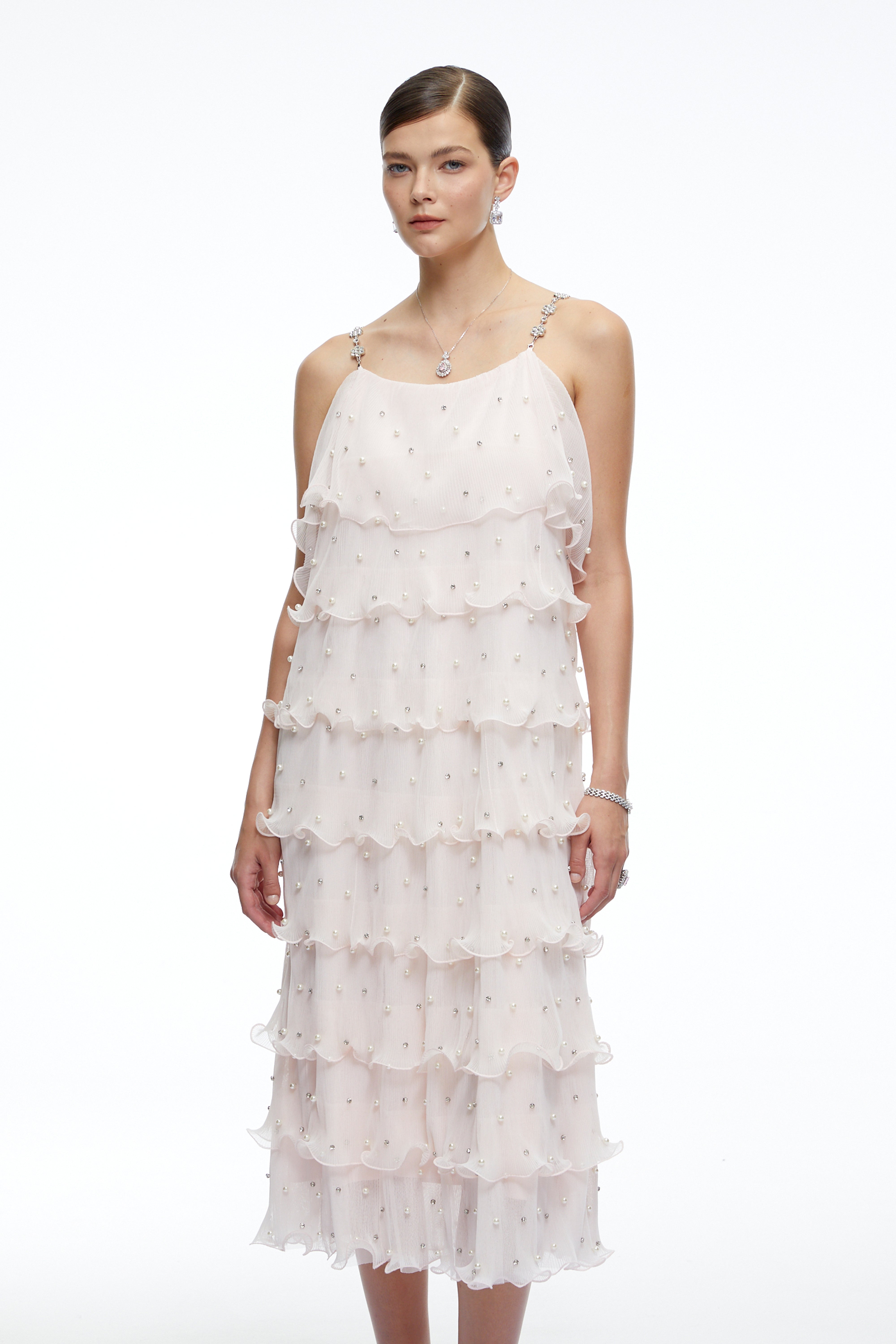 Robe mi-longue à volants « Juliette Pink Pearl » ornée de perles