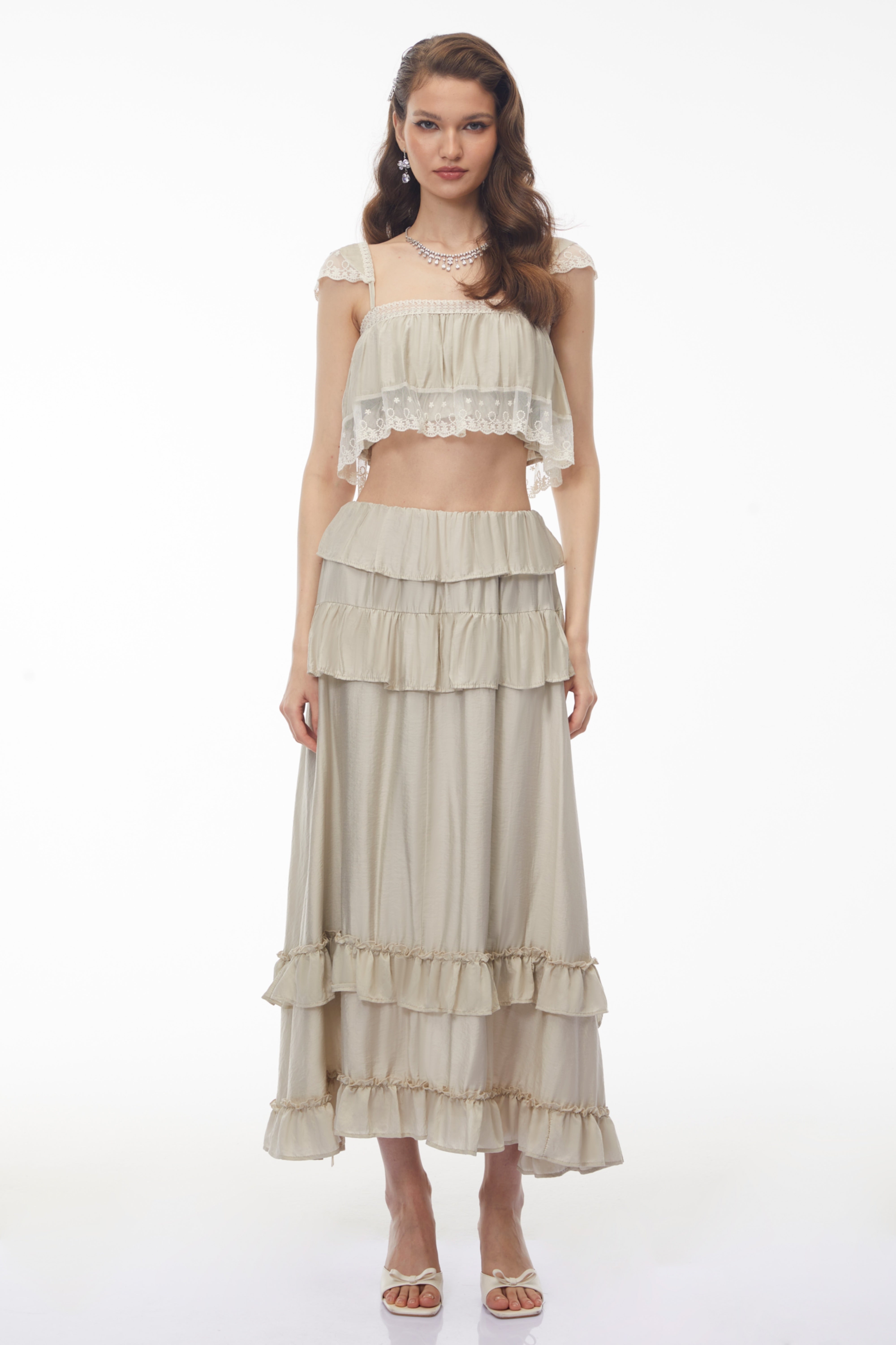 Juturna Apricot-Grey Crop Top & Ruffled Skirt Set (Final Sale-US Only)