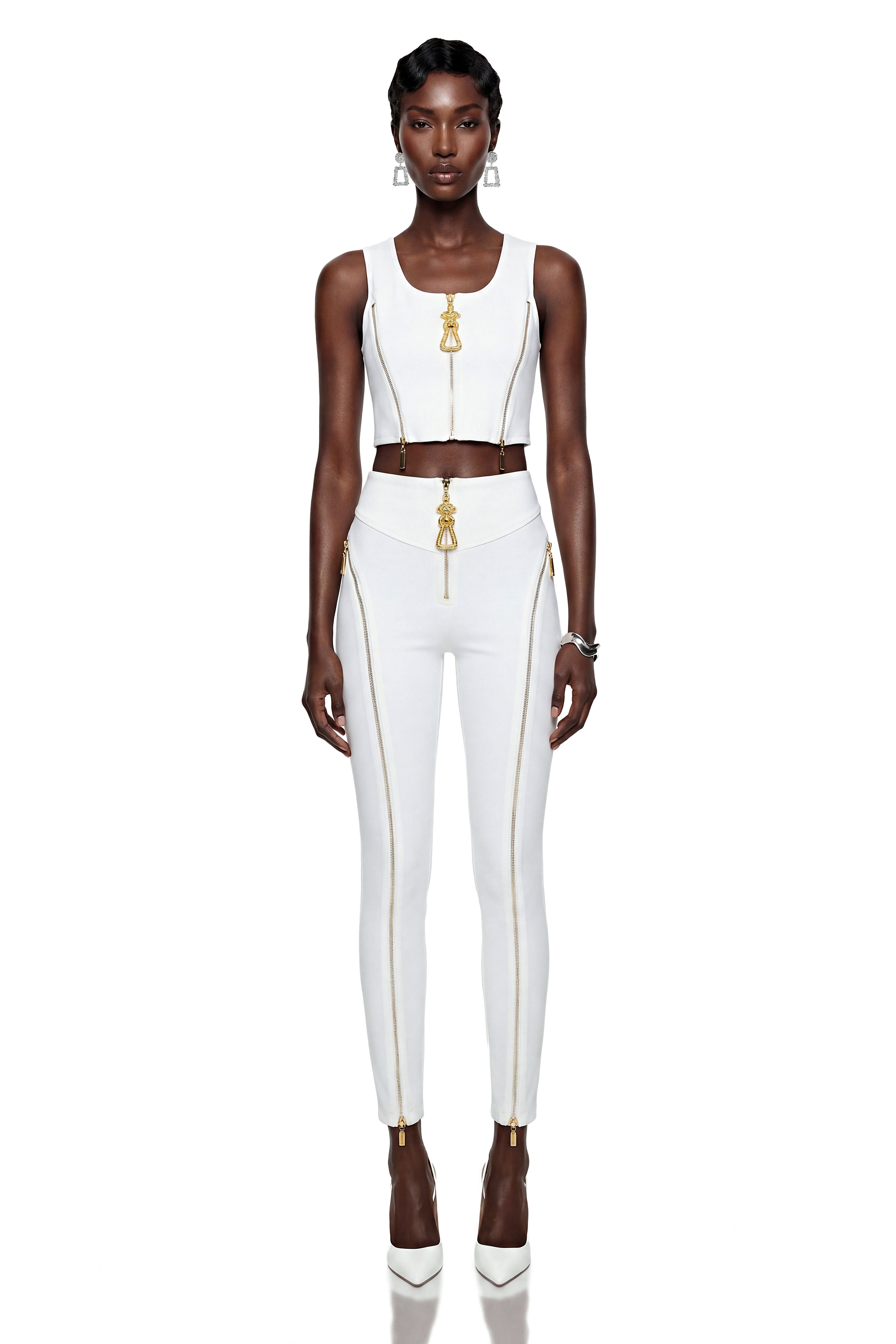 Juturna White Crop Top & Trouser Set with Zip Detail