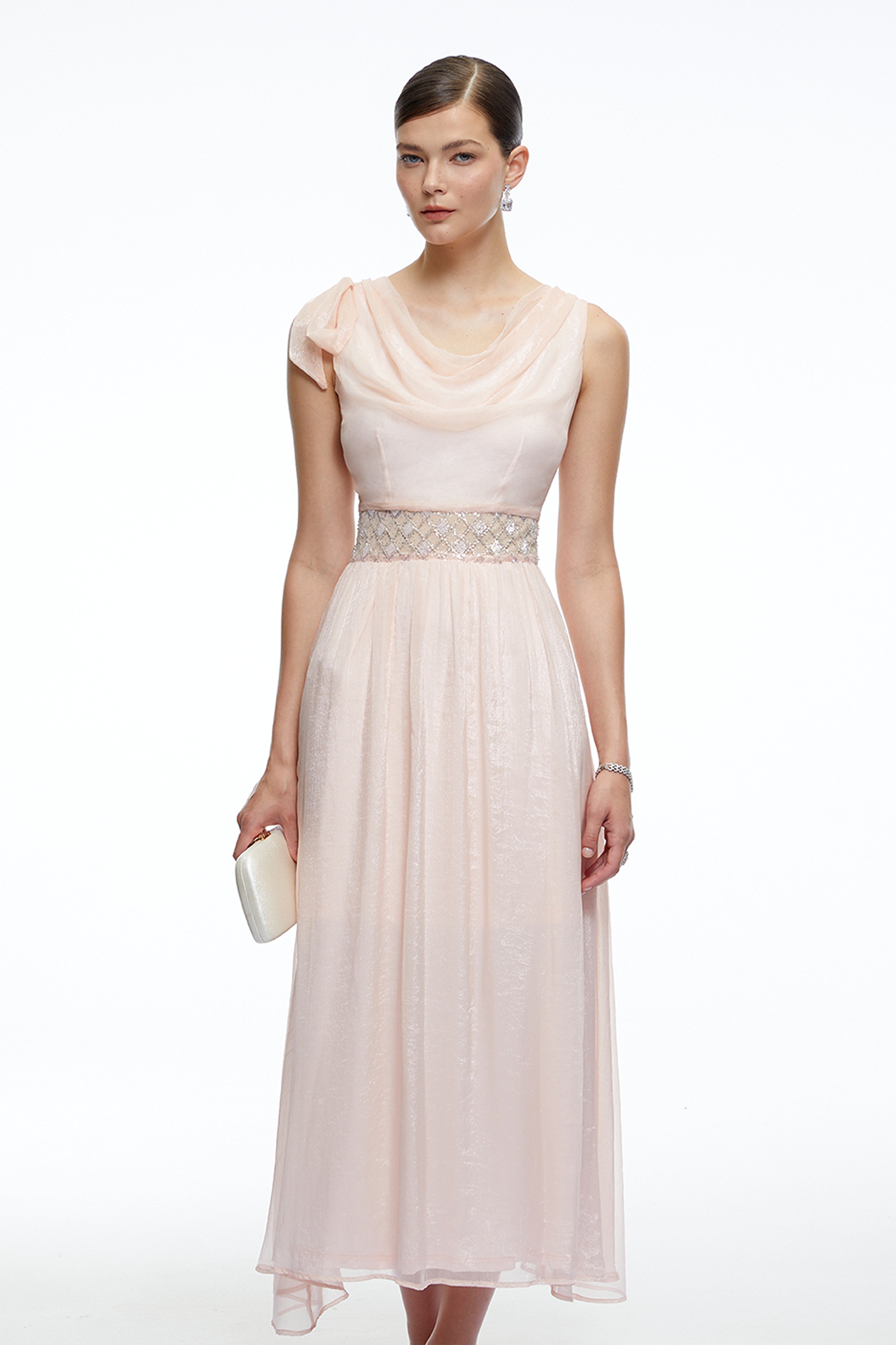 Robe mi-longue Kaelin rose à col bénitier drapé et nœud