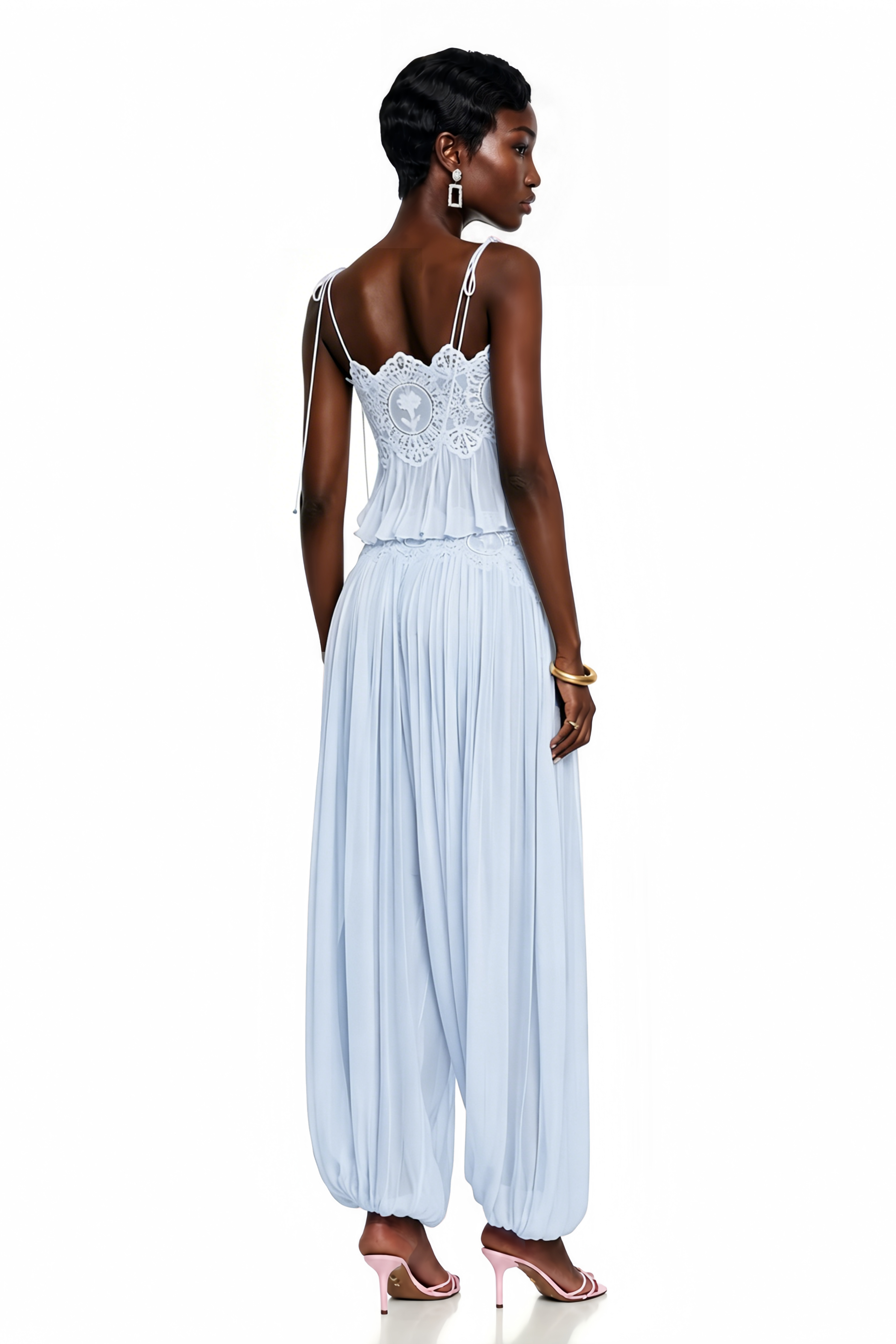 Light blue pleated two-piece set featuring a camisole top and wide-leg harem pants, both accented with scalloped floral lace trim