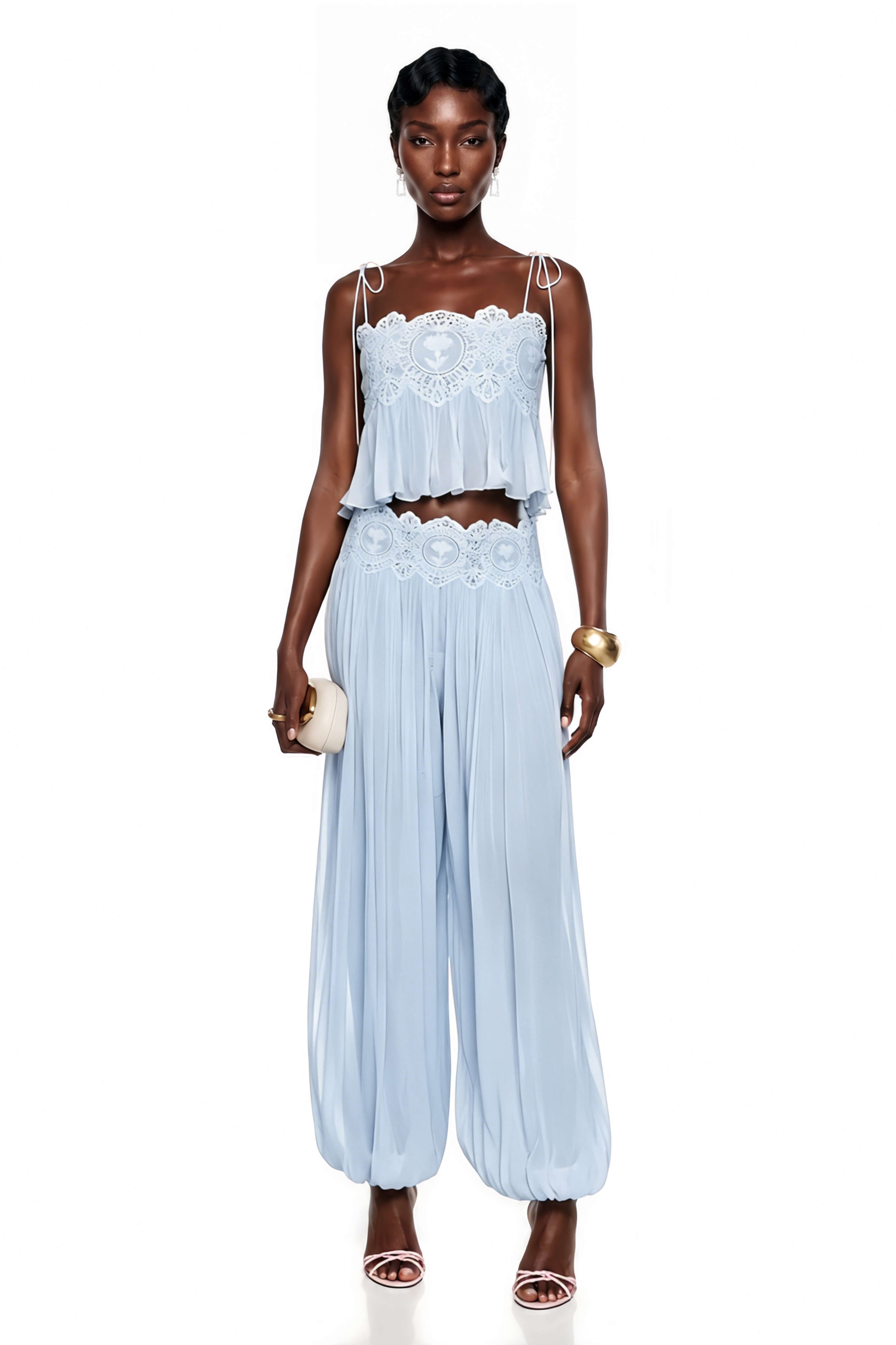Light blue pleated two-piece set featuring a camisole top and wide-leg harem pants, both accented with scalloped floral lace trim