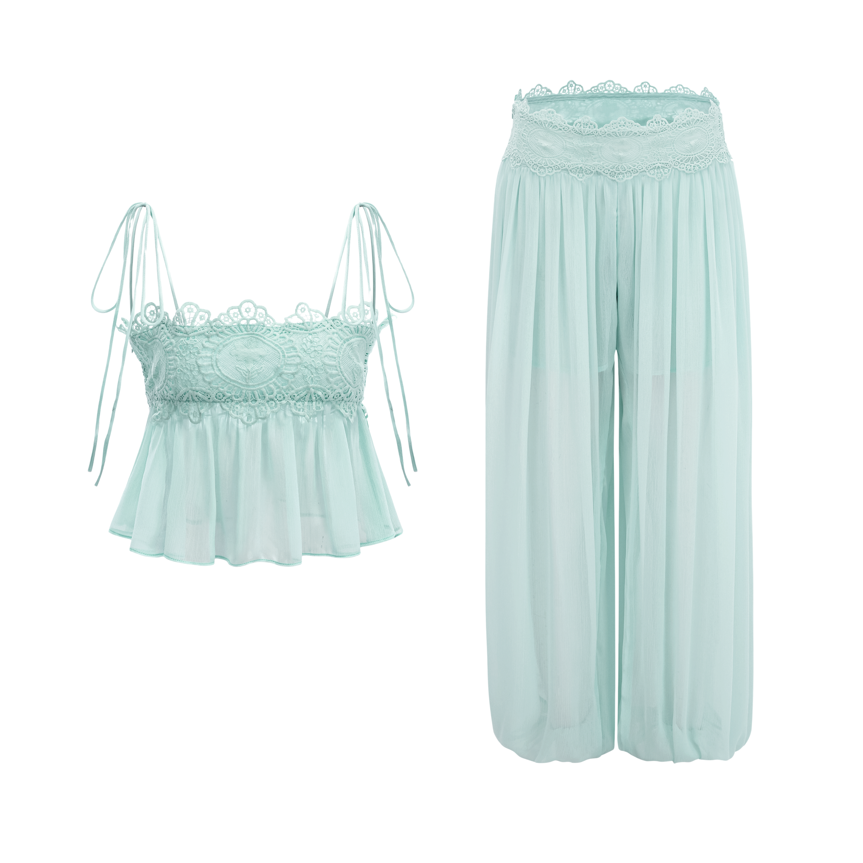 Kamila Mint Green Lace Trim Ruched Top & Trouser Set