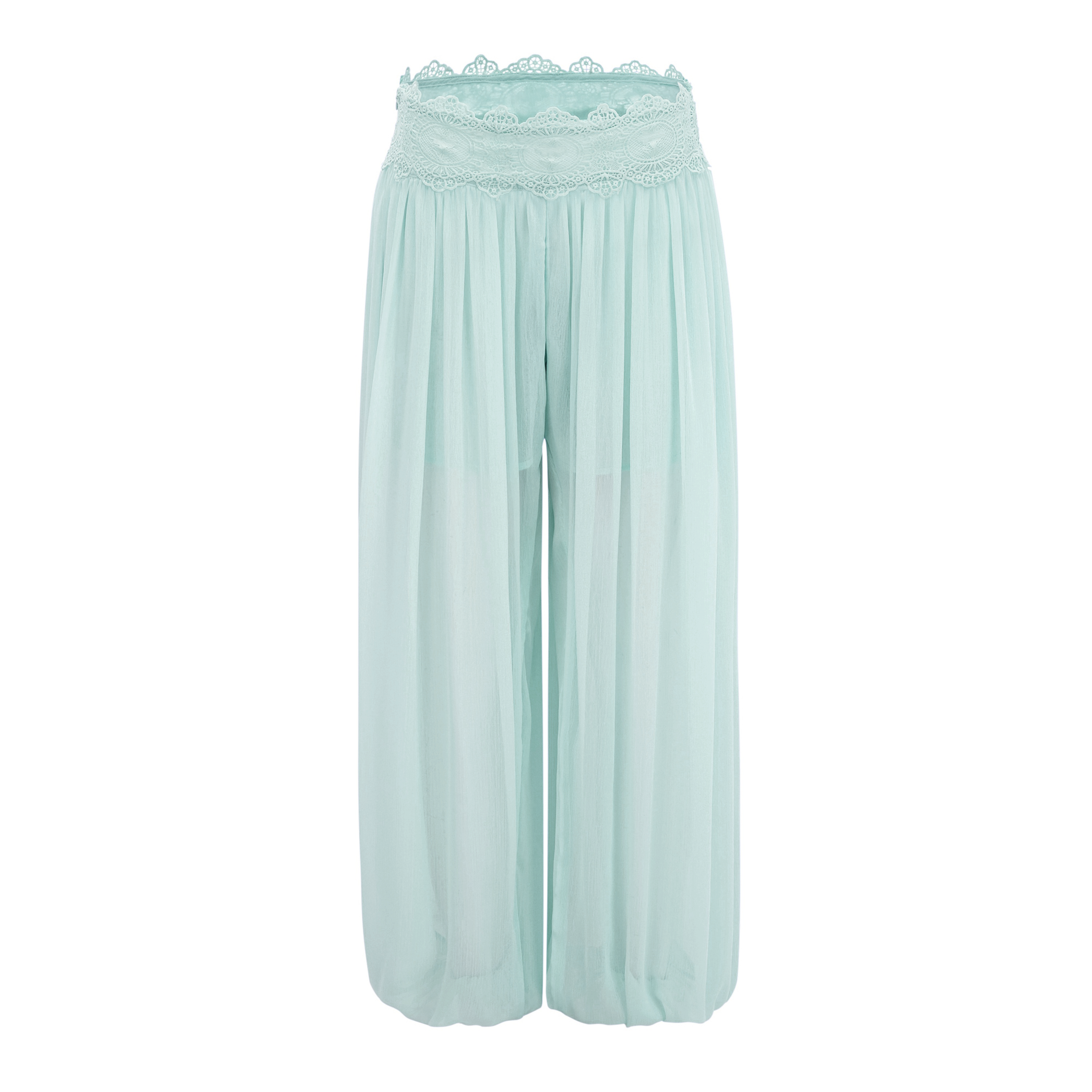 Kamila Mint Green Lace Trim Ruched Top & Trouser Set